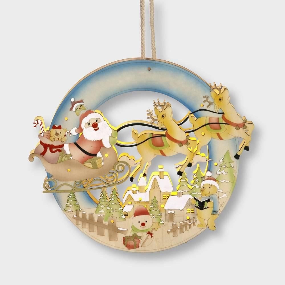 STAR LED Fensterbild LED Holzhänger Weihnachtsmann im Schlitten Batteriebetrieb 26x30cm inn