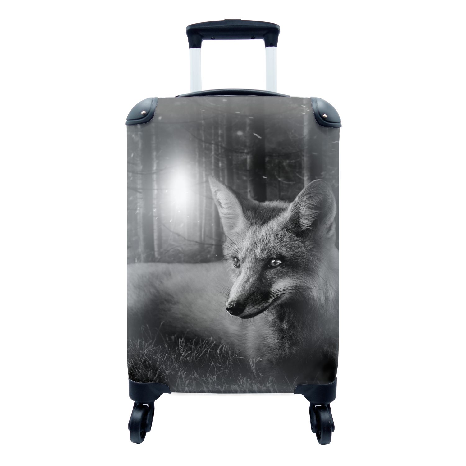 Fuchs schwarz Reisetasche Handgepäck 4 - Handgepäckkoffer Ferien, rollen, für Reisekoffer Bäumen im mit und zwischen MuchoWow Dschungel Rollen, den Trolley, weiß,