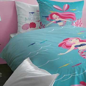 Bettwäsche Meerjungfrau 135x200 + 80x80 cm, 100 % Baumwolle, MTOnlinehandel, Renforcé, 2 teilig, süße Mermaid " Magic Moments " Kinderbettwäsche