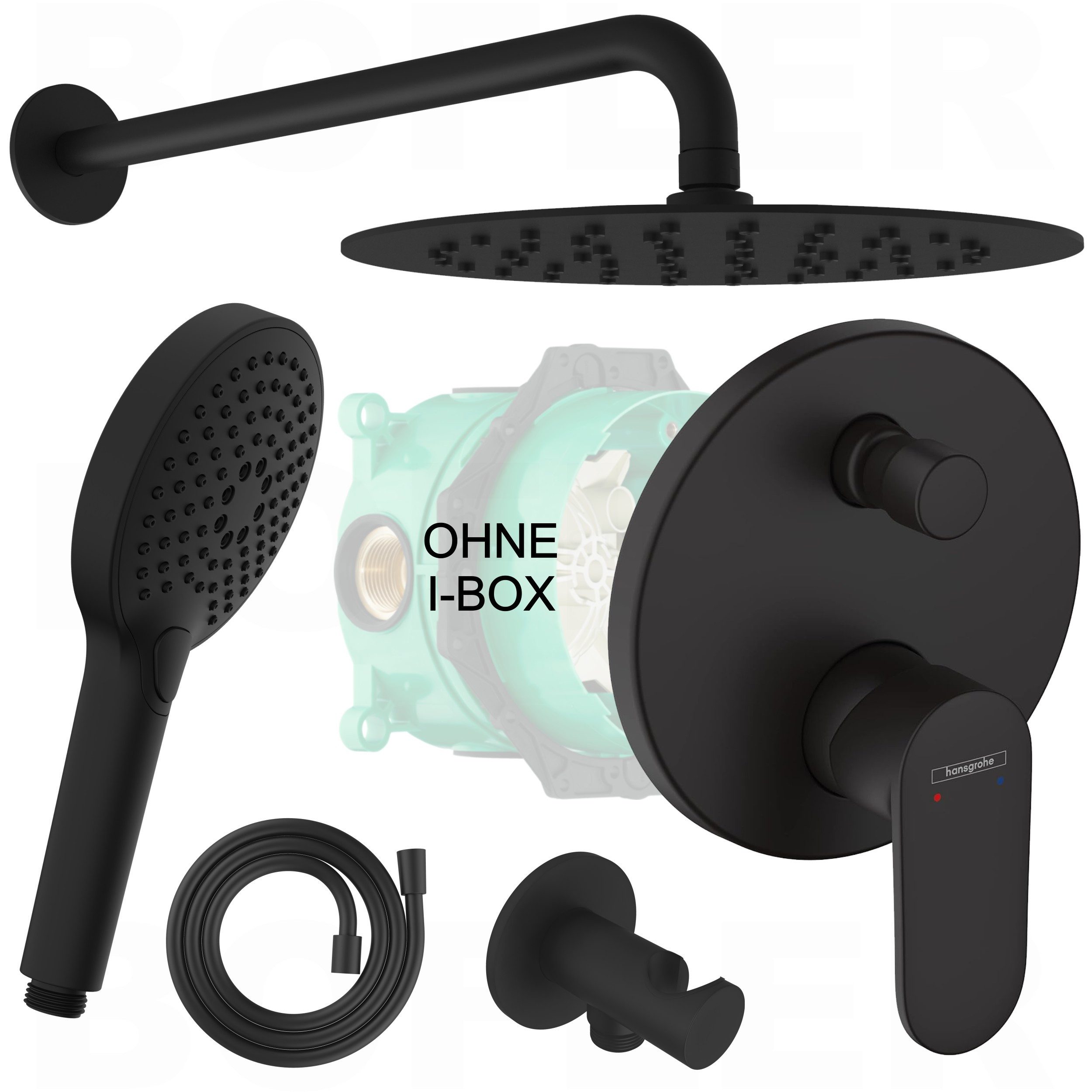 Hansgrohe und Bofler Duscharmatur Hansgrohe Vernis Blend Unterputz Armatur mit Umsteller (OHNE IBOX, Duschsystem, Duschset, Duschanlage, inkl. BOFLER Duschset #43-O Brauseset, Regendusche Ø20cm, Wandarm) matt schwarz, Wassersparende Regendusche
