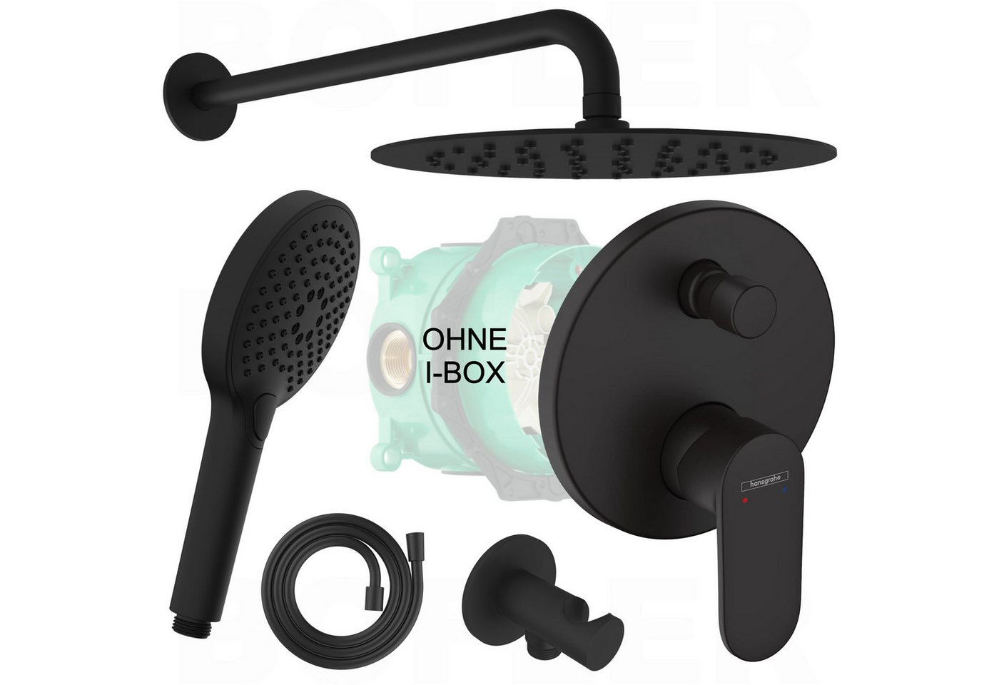 Hansgrohe und Bofler Duscharmatur Hansgrohe Vernis Blend Unterputz Armatur mit Umsteller (OHNE IBOX, Duschsystem, Duschset, Duschanlage, inkl. BOFLER Duschset #43-O Brauseset, Regendusche Ø20cm, Wandarm) matt schwarz, Wassersparende Regendusche
