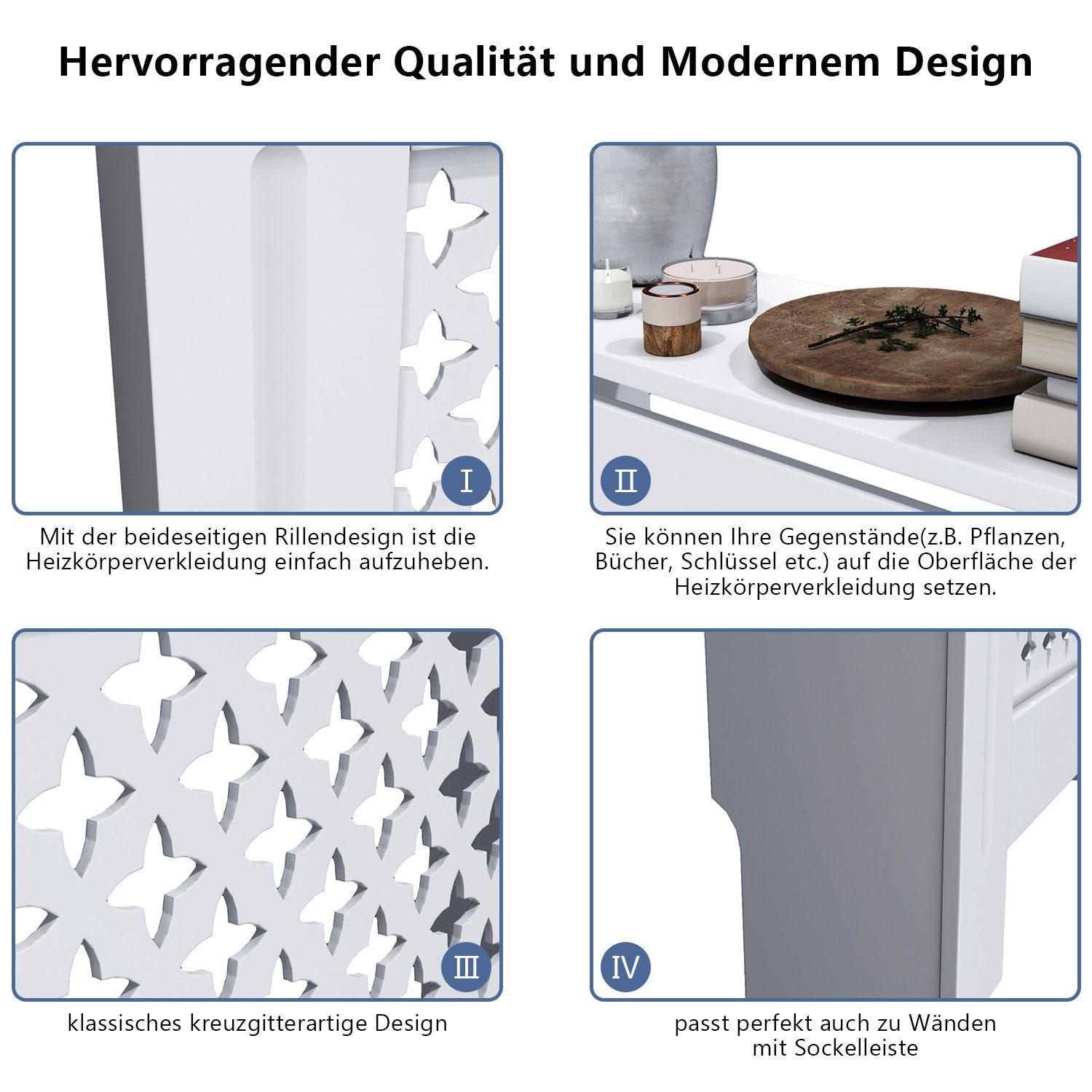 Heizkörperverkleidung Zubehör Wandmontage SONNI 112cm weiß für Heizkörperabdeckung, Heizungsverkleidung Kreuzgitter Breite: