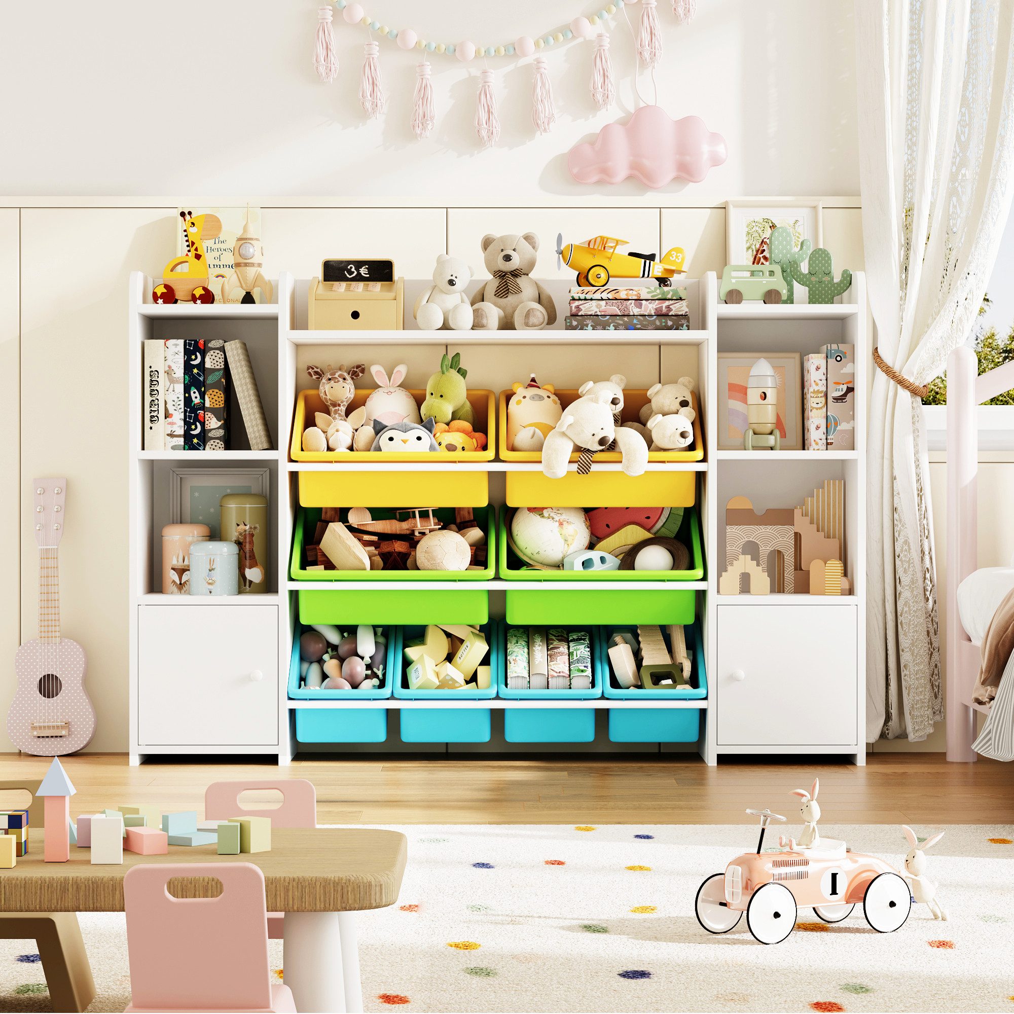 Homfa Spielzeugtruhe, Kinderregal Bücherregal Spiegelregal mit 8 Boxen weiß 138x29x94 cm