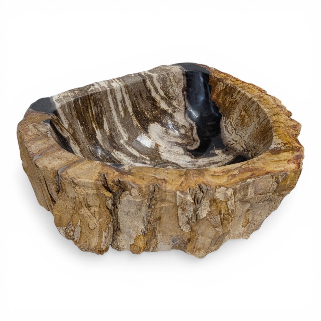 Kinaree Aufsatzwaschbecken Versteinertes Holz Waschbecken #4, poliert, Naturstein, Schwarz, Braun, Bruchstein Optik