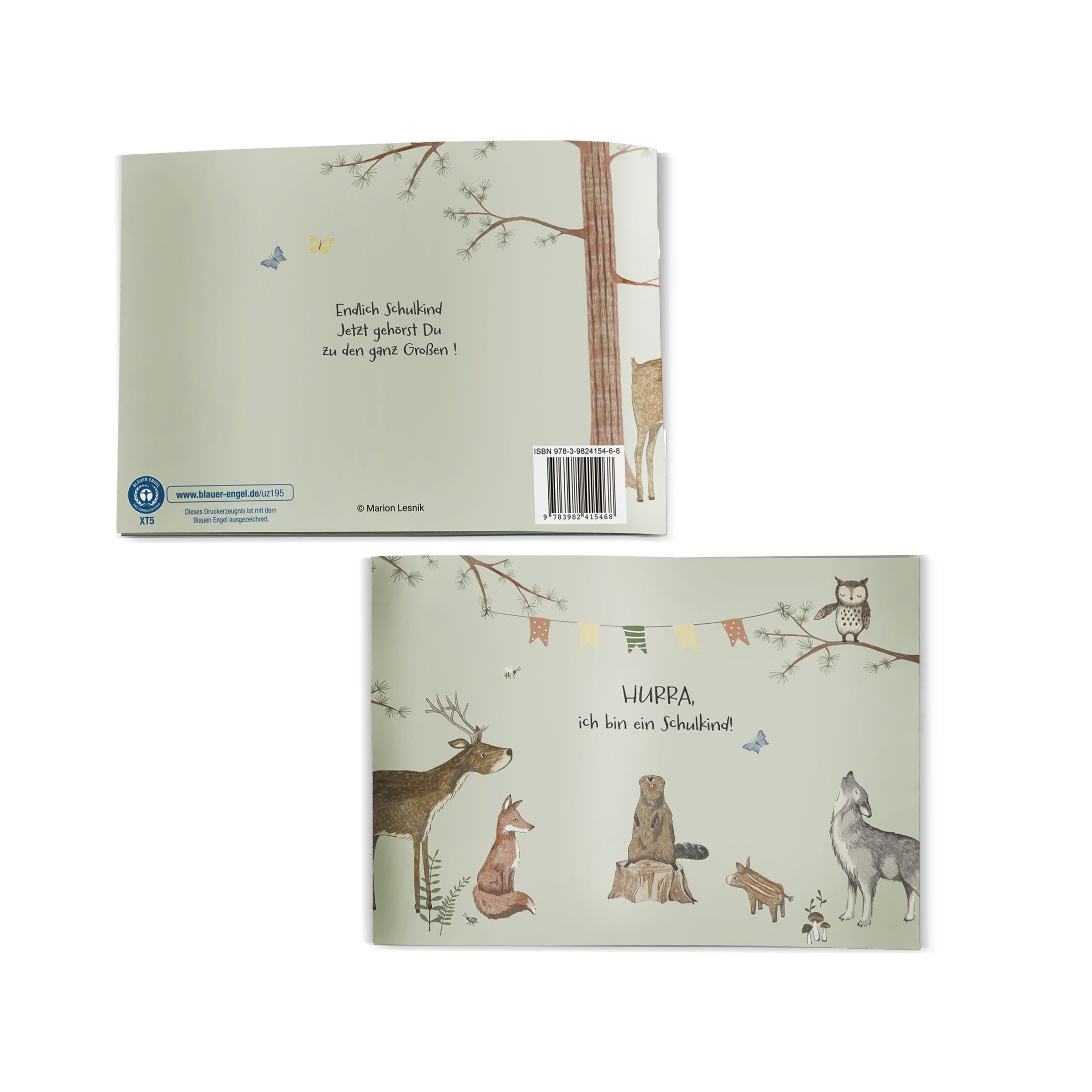 Designforlittleones Poesiealbum Einschulungsbuch Hurra-ich bin ein Schulkind, 1. Schuljahr grün Marion Lesnik