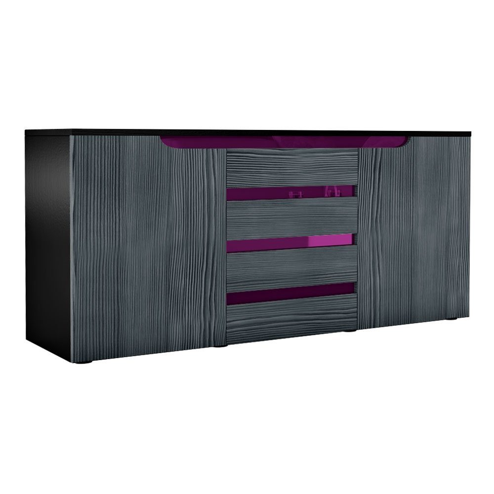 Vladon Sideboard Sylt V1 (Kommode, mit 2 Türen und 4 Schubladen), Schwarz matt/Avola-Anthrazit/Brombeer Hochglanz (139 x 72 x 35)