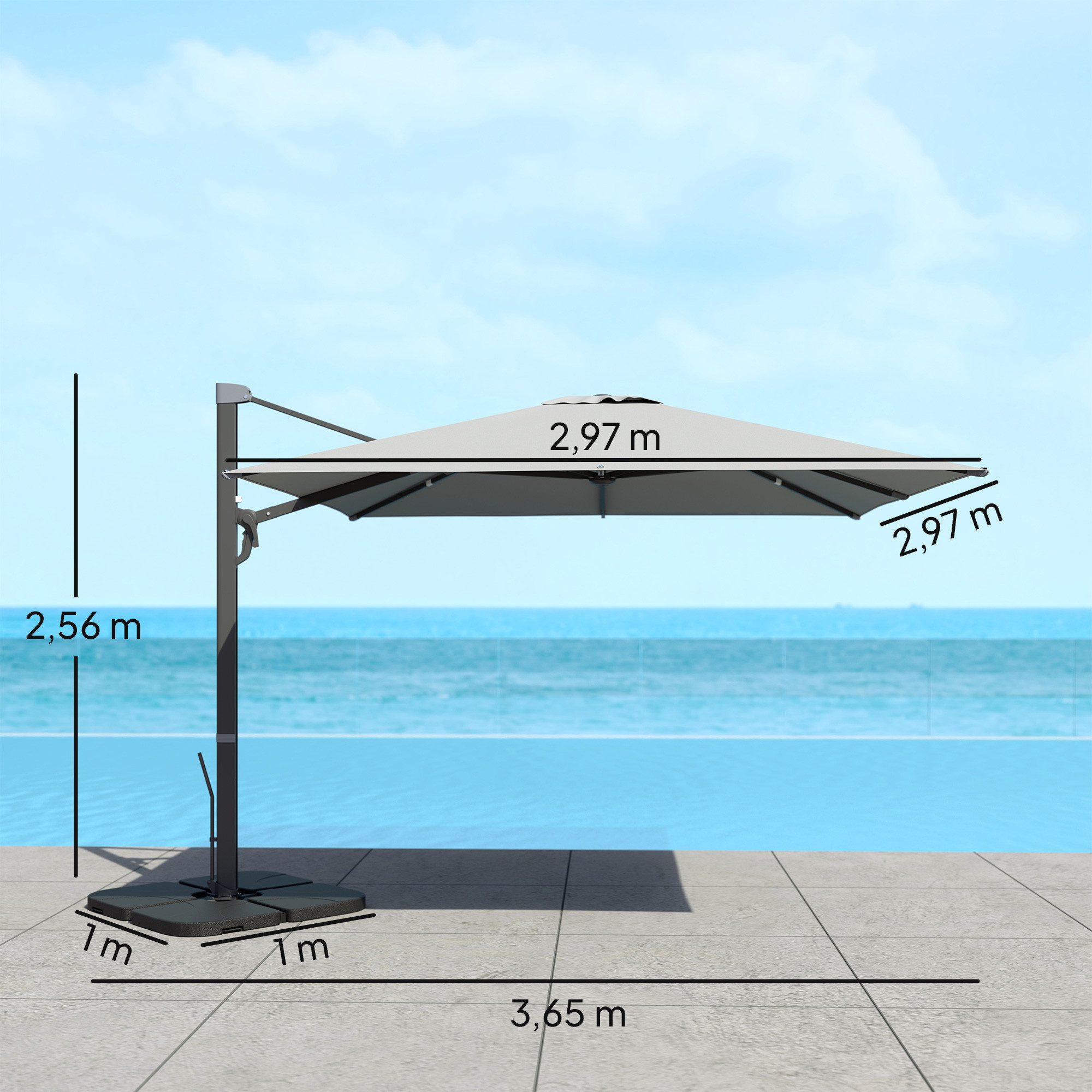 Outsunny Ampelschirm 3 x 3 m, mit Kurbel, Ständer, Wasserabweisend, höhenverstellbar, LxB: 365x297 cm, 360° drehbar Marktschirm, Alu Sonnenschirm, Sonnenschutz für Garten, Balkon, Hellgrau