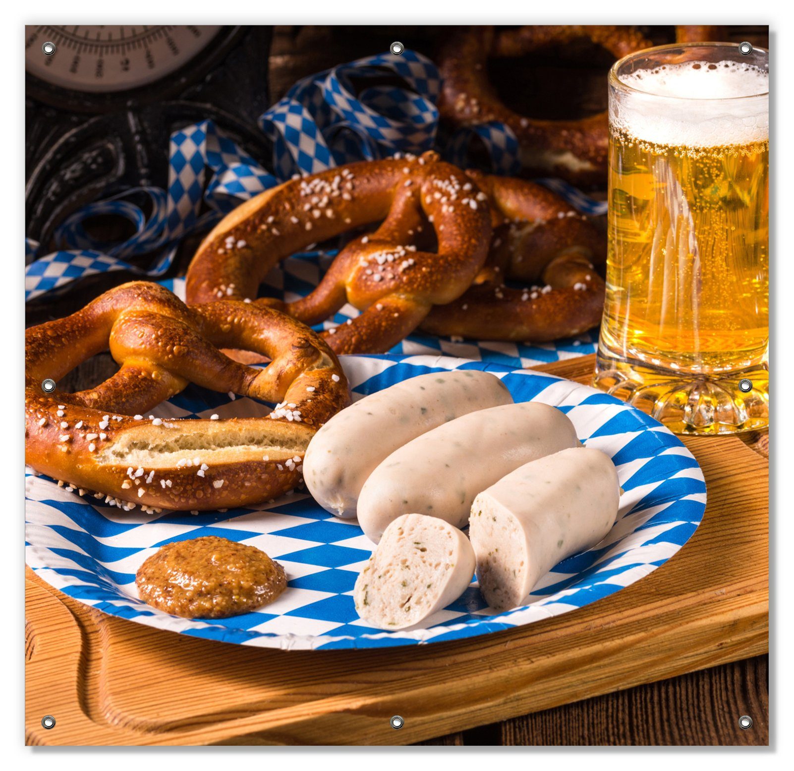 Sonnenschutz Bayerische Brotzeit mit Weißwurst, Brezel und Bier, Wallario, blickdicht, mit Saugnäpfen, wiederablösbar und wiederverwendbar