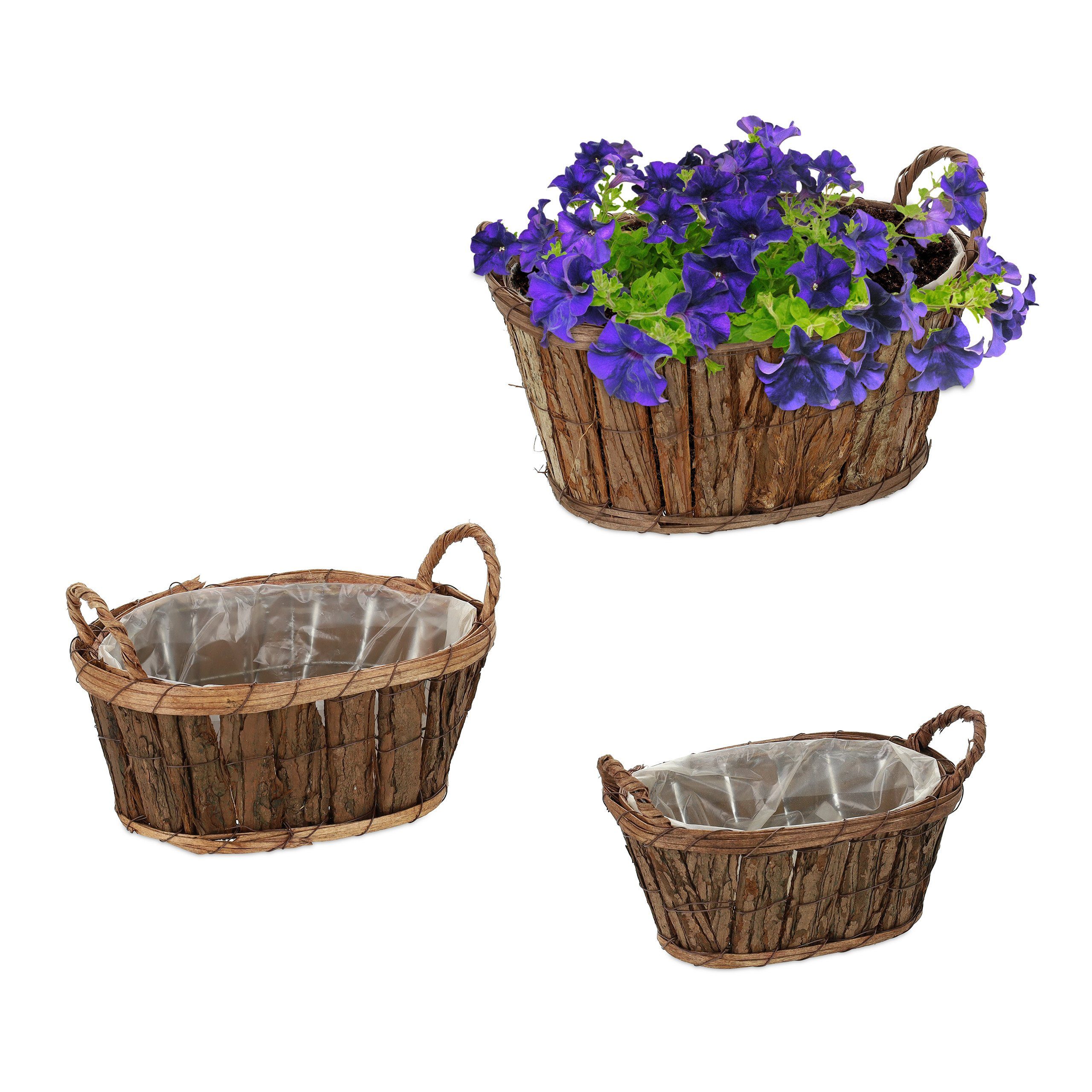 relaxdays Blumentopf »Ovales Blumentopf 3er Set aus Holz«, mit Griffen