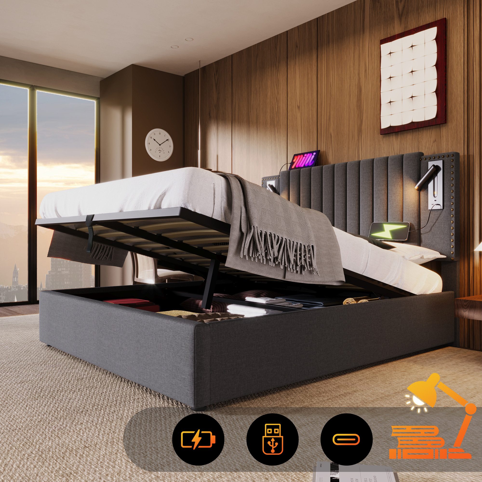 TavilaEcon Boxspringbett Polsterbett mit verstellbarem Kopfteil im Nieten-D günstig online kaufen