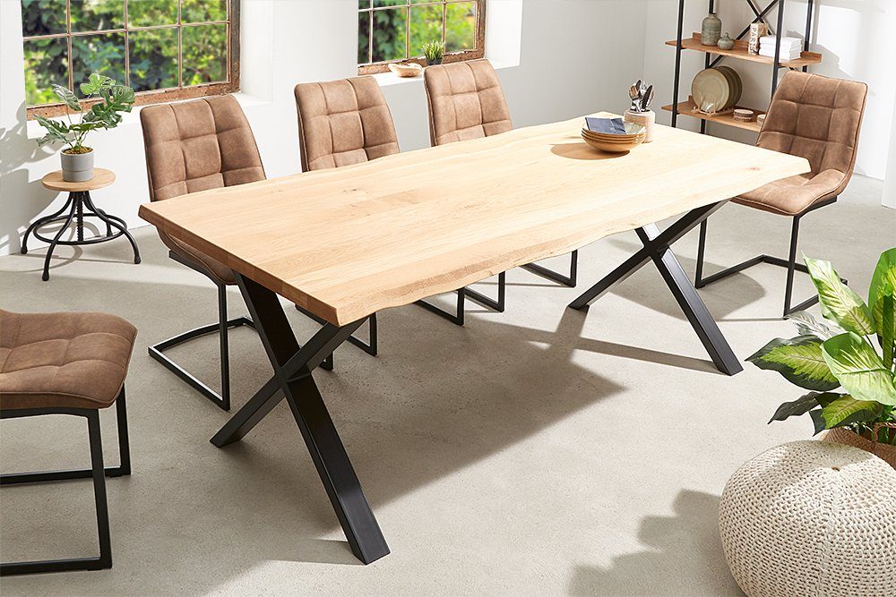 riess-ambiente Baumkantentisch WILD OAK 160cm geölt verlängerbar (Einzelartikel, schwarz · natur X-Gestell Metall · · · Wildeiche Massivholz / 1-St), ·