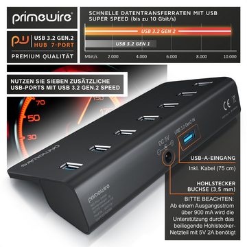 Primewire USB-Adapter, USB 3.2 Gen2 Hub, 7 Port Aktiver Verteiler mit Netzteil, 10 Gbit/s