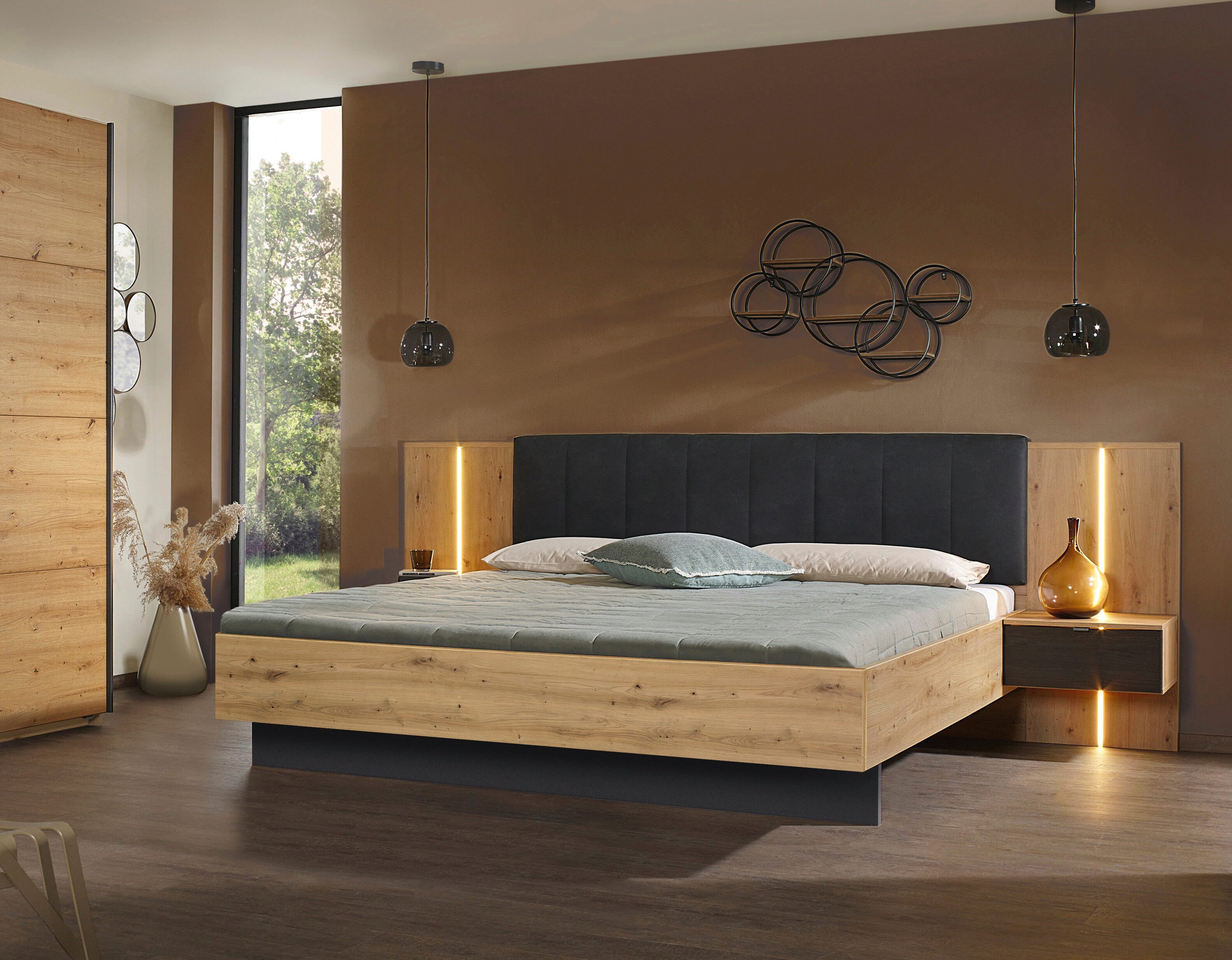 rauch Bettanlage Bett Doppelbett Komfortbett Funktionsbett APOLLON, (3-tlg., Liegefläche 180x200, optional mit Bettbank und Stauraum), Polster-Kopfteil in Lederoptik black, mit Beleuchtung MADE IN GERMANY