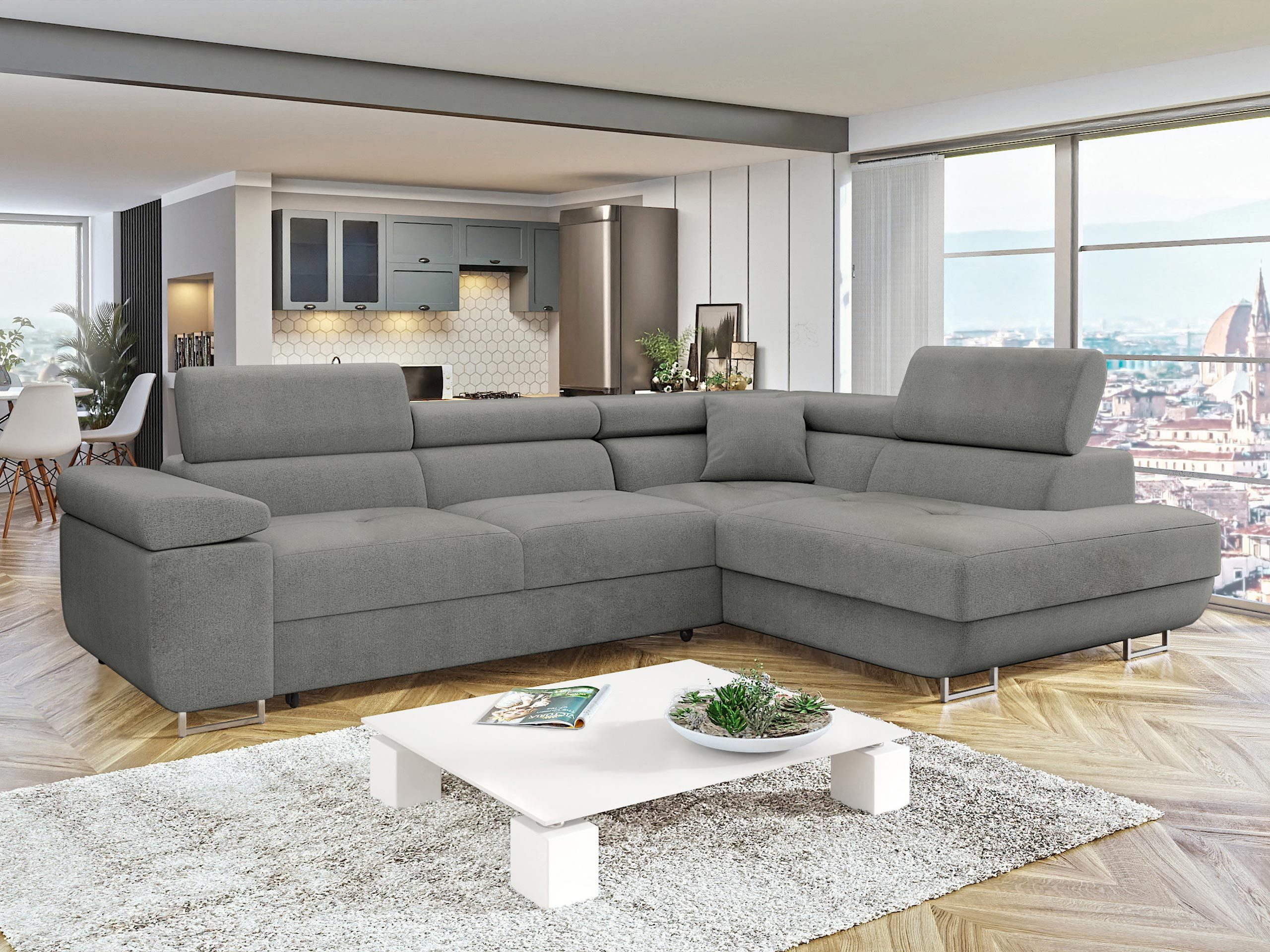 MIRJAN24 Ecksofa Torezio, mit Bettkasten und Schlaffunktion, Einstellbare Kopfstützen, 274x203x70-90 cm