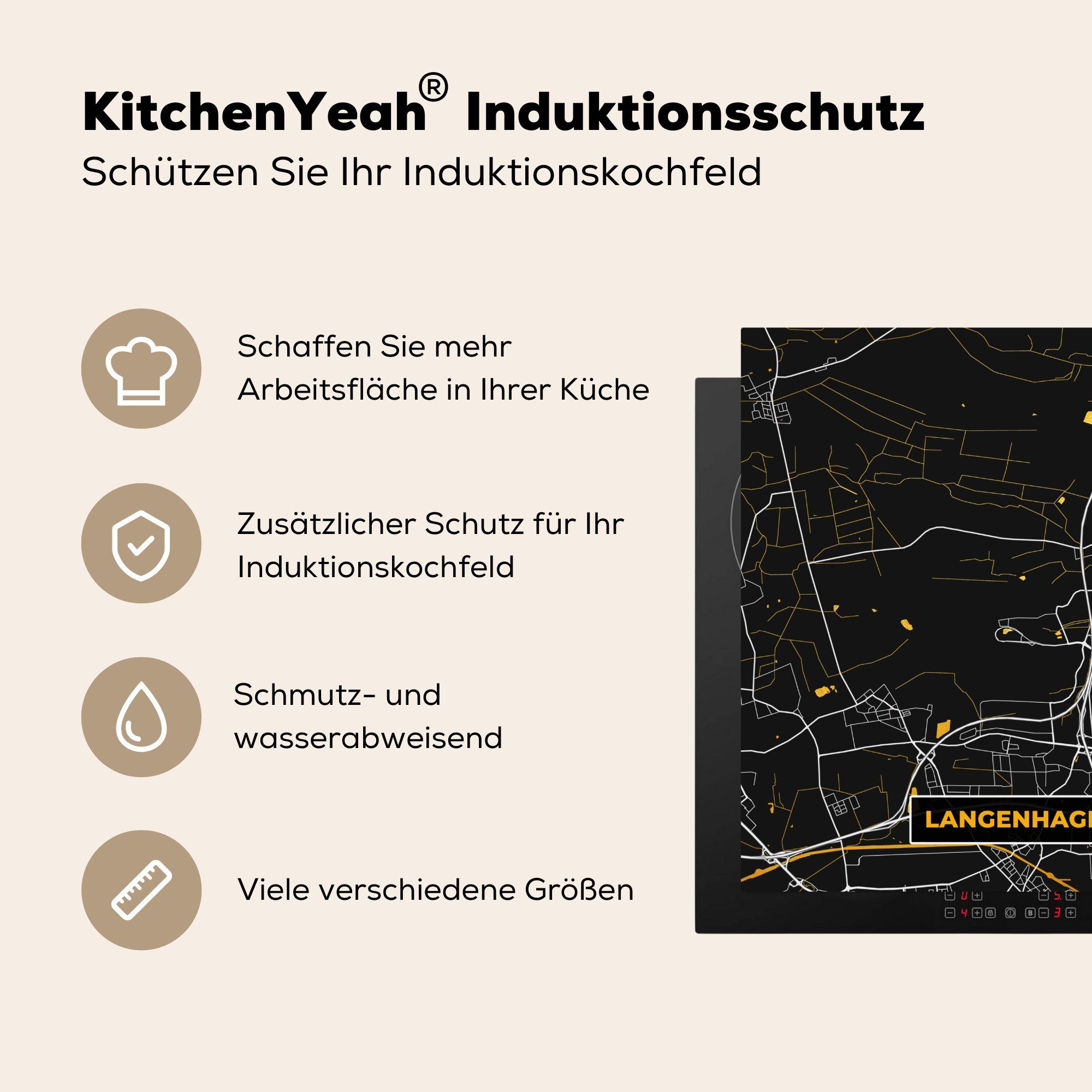 tlg), 78x78 Ceranfeldabdeckung, Gold Langenhagen - cm, Vinyl, - Karte, - - MuchoWow Deutschland Stadtplan (1 - Arbeitsplatte für Karte küche Herdblende-/Abdeckplatte