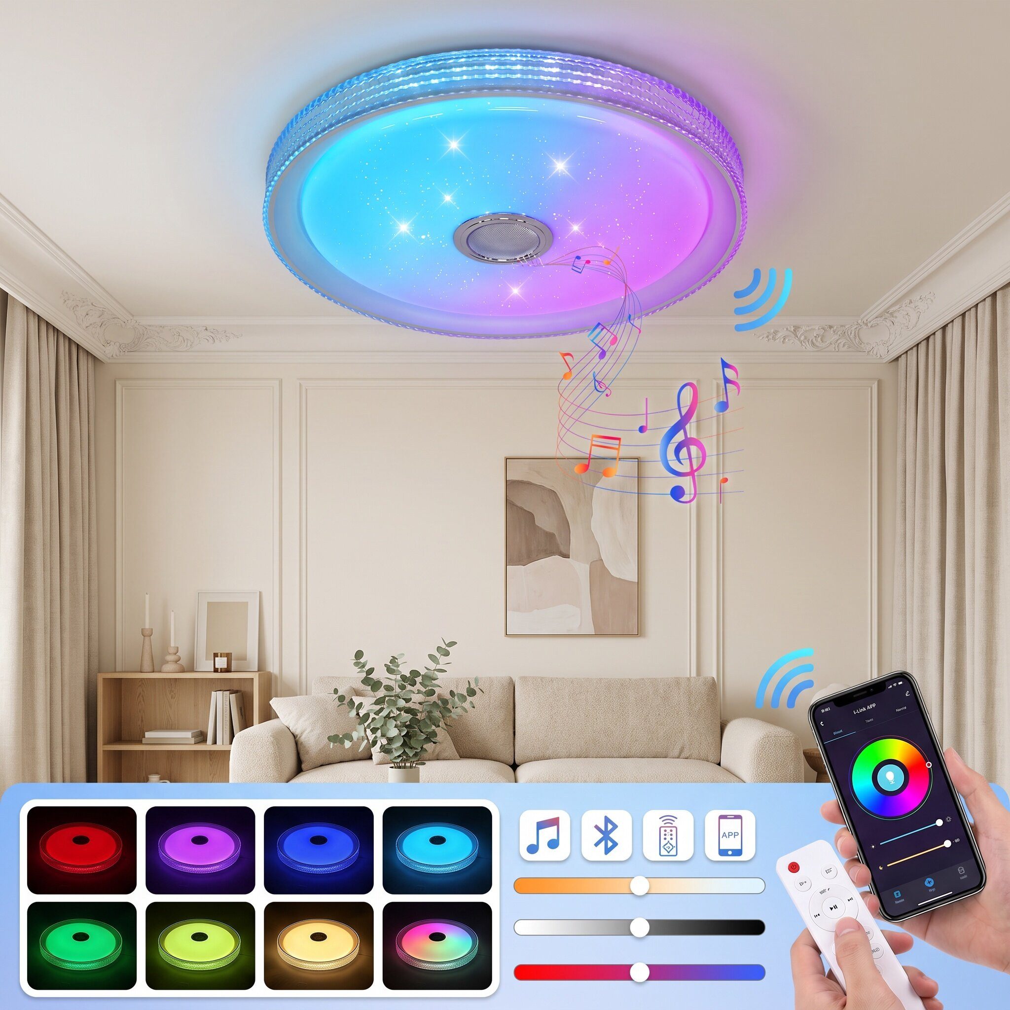 oyajia Deckenleuchte 55W LED Deckenlampe mit Bluetooth Lautsprecher, RGB Fernbedienung APP, LED fest integriert, Kaltweiß+Naturweiß+Warmweiß+RGB, mit RGB Farbwechsel für Schlafzimmer Wohnzimmer Kinderzimmer Hotel