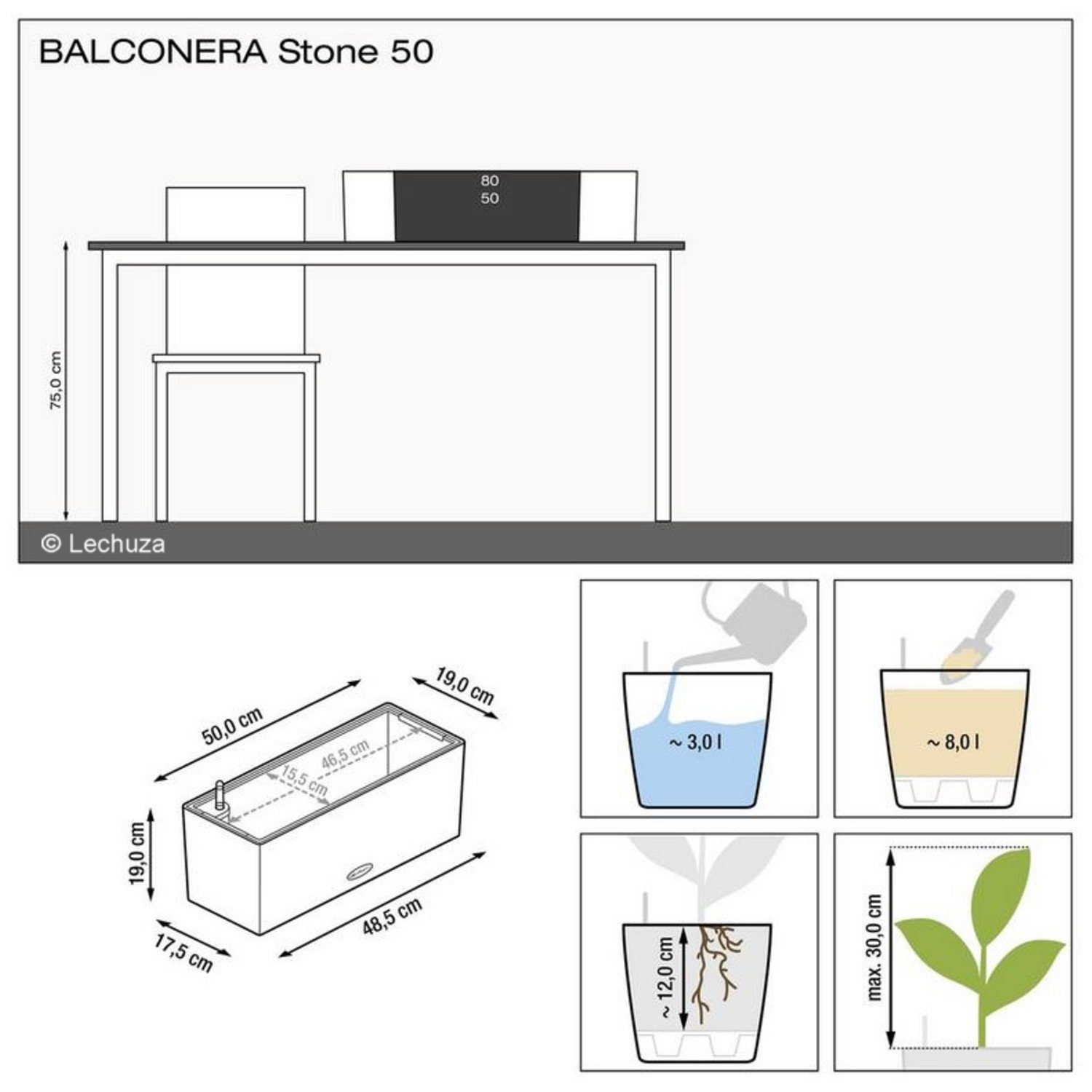 Lechuza® Balkonkasten Balconera Stone 50 quarzweiß (Komplettset)