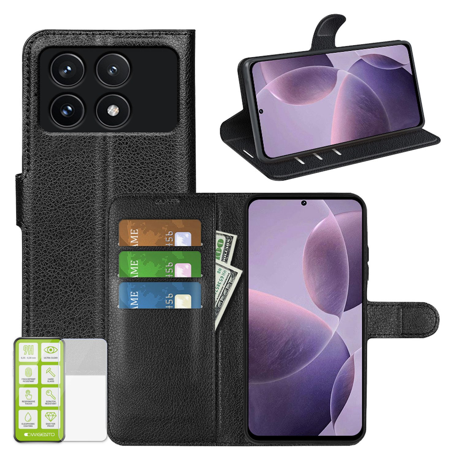Wigento Smartphone-Hülle Für Xiaomi 14T Pro Kunstleder Book Wallet Tasche Etuis + Hart Glas, Produktset Kunst-Leder Tasche + H9 Hart Glas