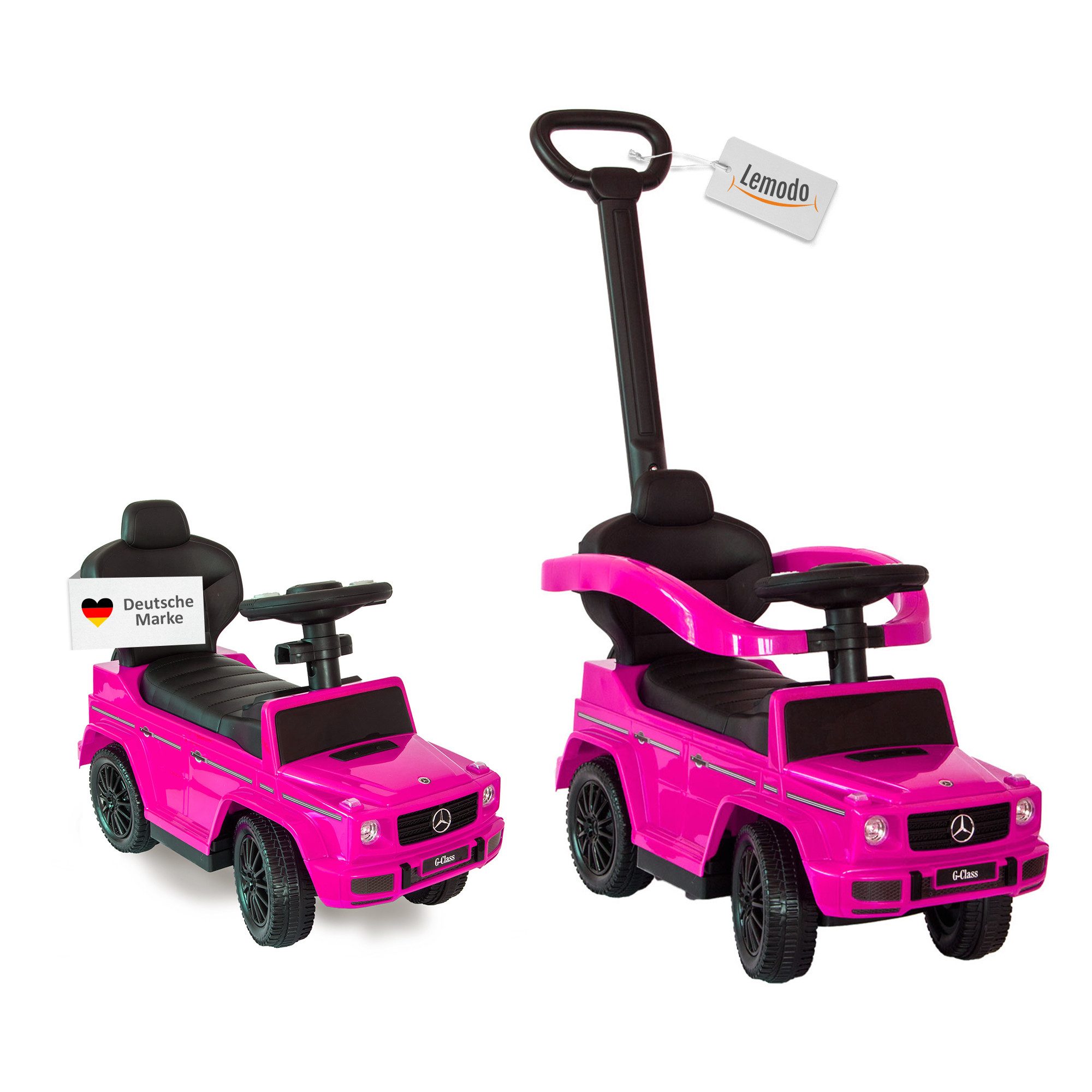 Lemodo Rutscherauto Babyrutscher Mercedes G350d mit Schiebestange, leise laufende Kunststoffräder, Sound-Lenkrad