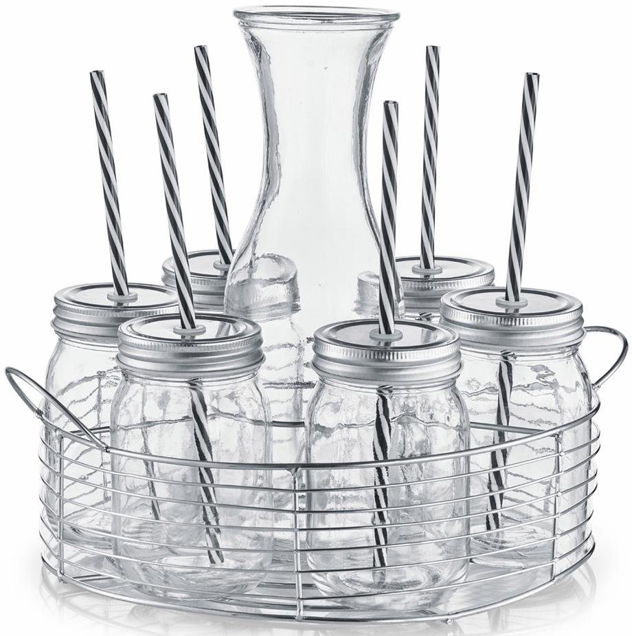 Zeller Present Gläser-Set, Glas, Metall, je 6 Gläser, Deckel, Strohhalme,  in praktischem Metallkorb, Metallkorb mit 2 seitlichen Tragegriffen