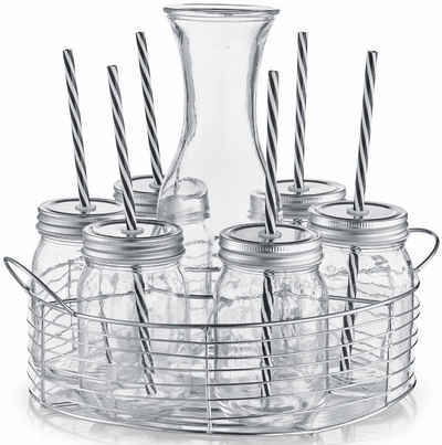 Zeller Present Gläser-Set, Glas, Metall, je 6 Gläser, Deckel, Strohhalme, in praktischem Metallkorb