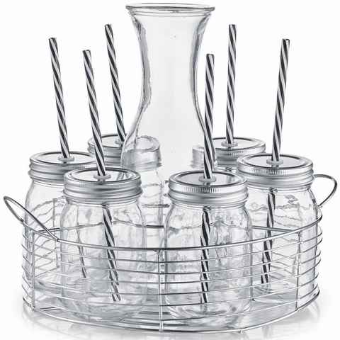 Zeller Present Gläser-Set, Glas, Metall, je 6 Gläser, Deckel, Strohhalme, in praktischem Metallkorb