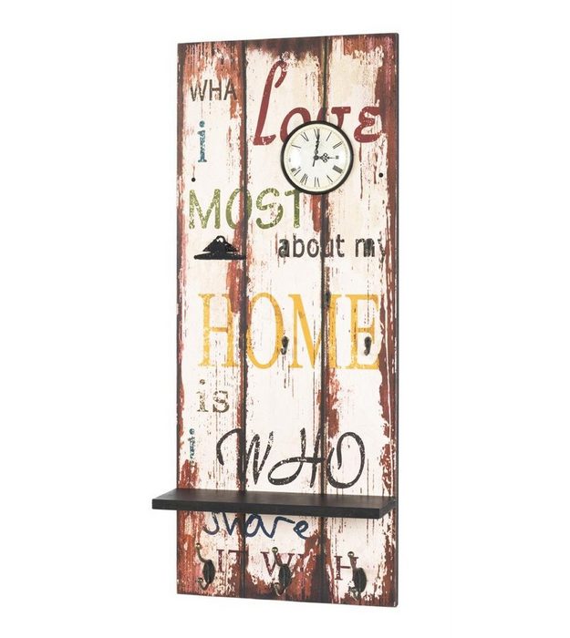 möbelando Wandgarderobe Home Memoboard MDF mit Dekor Schriftzug "Home" in Vintageoptik inklusive Ablage in schwarz mit integrierter Uhr 5 Schlüsselhaken und 3 Garderobenhaken und einer Metallklammer