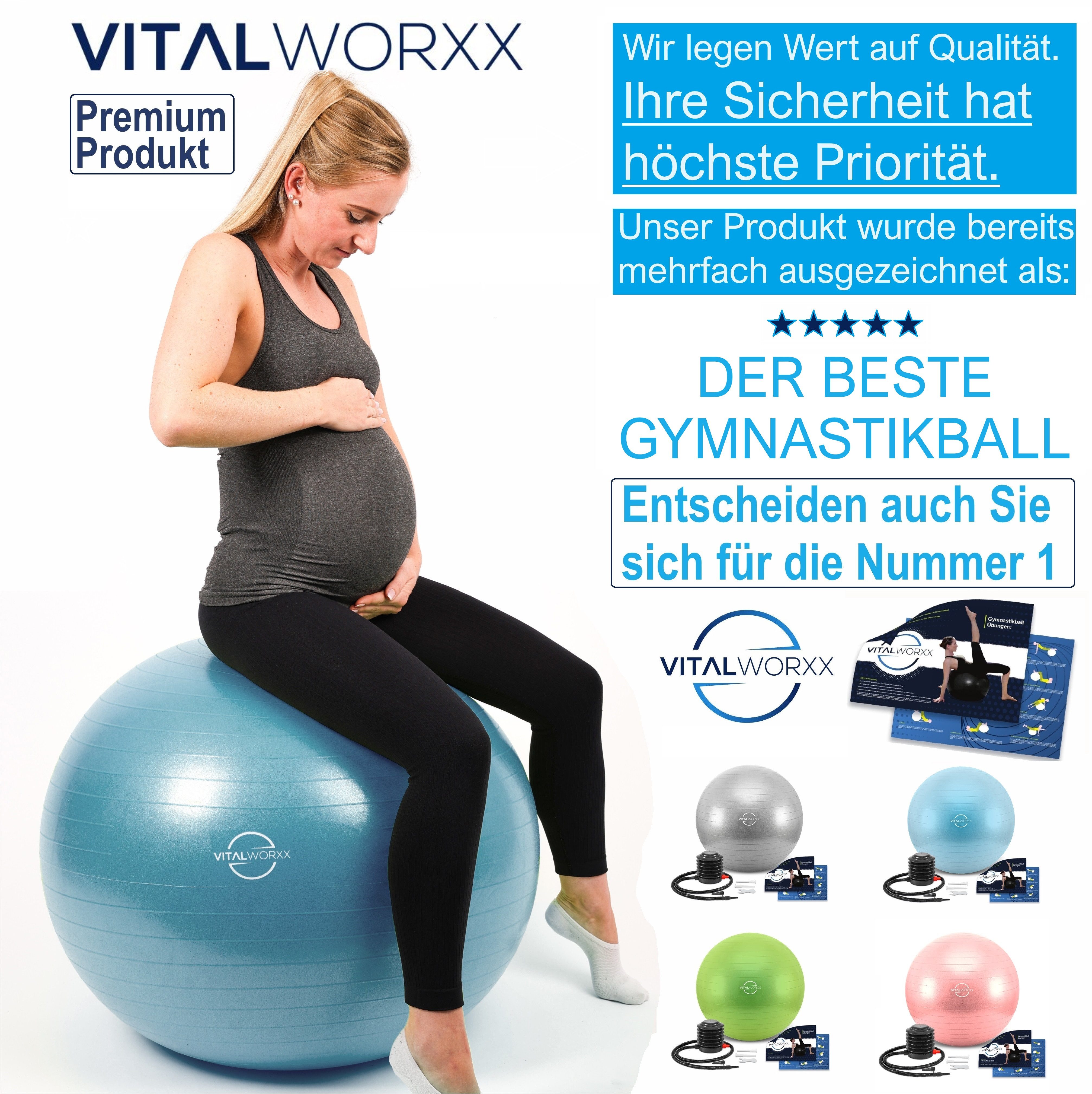 VITALWORXX Gymnastikball VITALWORXX Gymnastikball für Schwangere, extrem stabil, mit Pumpe, Hohe Materialstärke, Anti-Burst-System