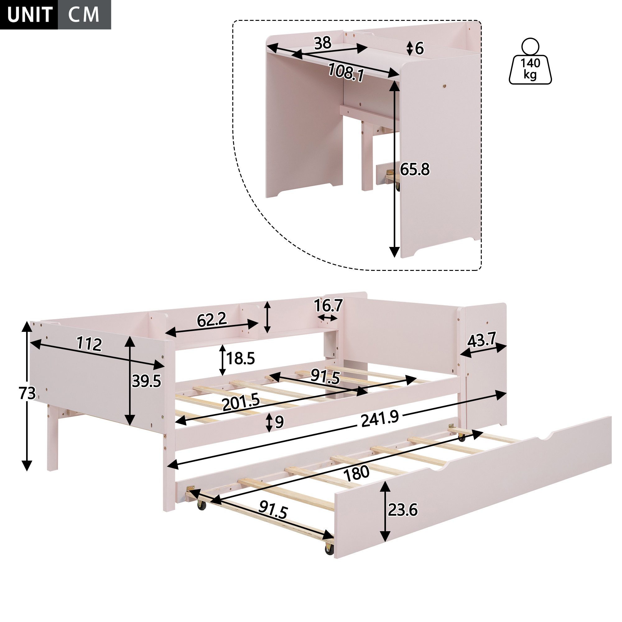 TavilaEcon Stapelbett Multifunktionales Kinderbett mit Schreibtisch & Ausziehbett, 3 seitliche Regale, 90x200cm (ausziehbar auf 180cm) – Bild 4 von 5