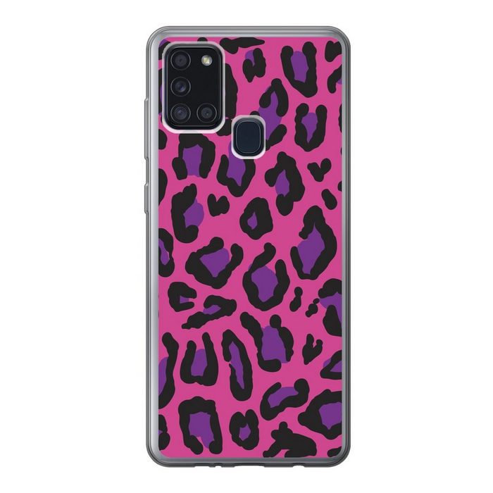 MuchoWow Handyhülle Pantherdruck - Rosa - Lila Handyhülle Samsung Galaxy A21s Smartphone-Bumper Print Handy