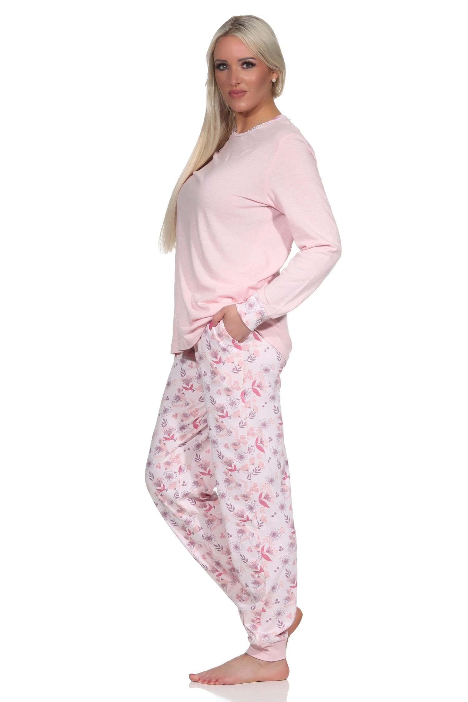 rosa Normann - in Spitze lang Übergrößen auch Pyjama und mit Damen Bündchen Schlafanzug