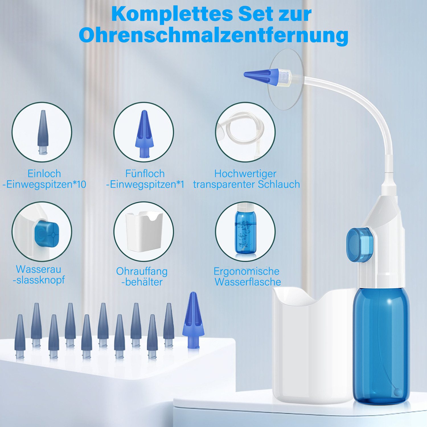 MOPUEA Ohrenreiniger Ohrenschmalz-Entfernungsset mit 10 abwaschbaren Ersatzköpfen Weiches, Ohrenschmalz-Entfernungsset mit elektrischem Reinigungsgerät., Effektive Ohrreinigung, sanft, sicher und für jedes Alter geeignet., 5 Löcher für sichere Anwendung, einfach zu bedienen, kostengünstig.