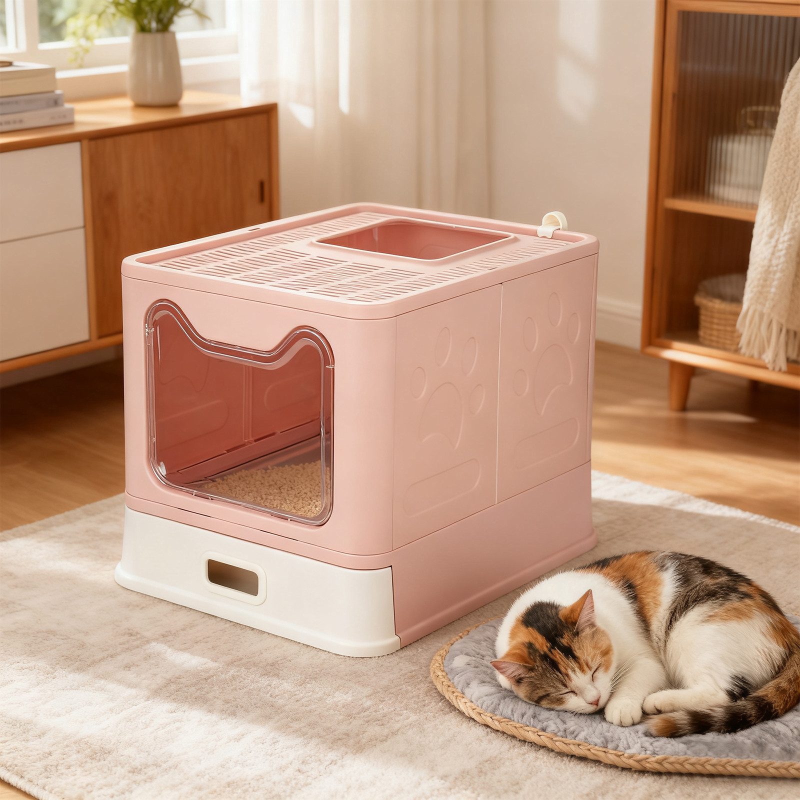 JEOBEST Katzentoilette Geschlossenes Katzenklo mit Dach, Rostfreier Edelstahl-Schublade, Anti-Streu-Design, Katzenklo-Schaufel, für Katzen bis 15kg