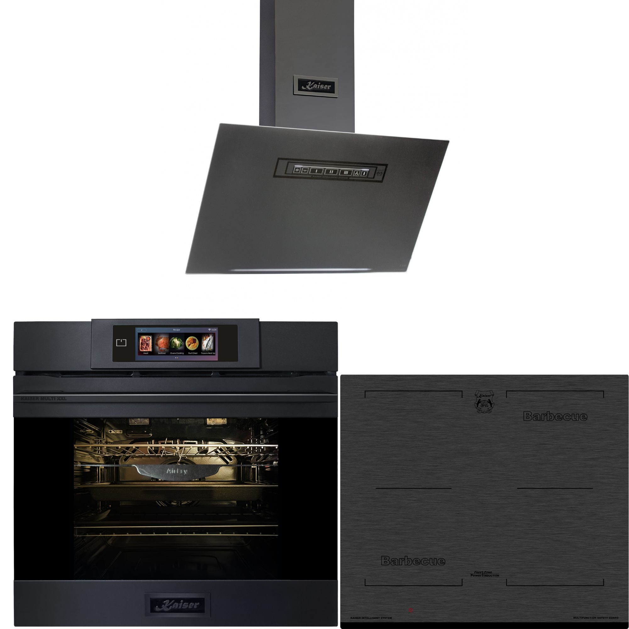 Kaiser Küchengeräte Backofen-Set Herd Set Autark XXL Multi 29, Multifunktions-Elektro-Backofen mit Pyrolyse und Dampfreinigung, 60 cm+Induktions-Kochfeld, Glaskeramik mit Facetten, Autark Herd Power Booster 60 cm Barbecue+Dunstabzugshaube 60cm Moire Glas in Graphitgrau 850m³/h EH 6347+KCT 6700 FI+AT 6402 ECO, mit 1-fach-Teleskopauszug