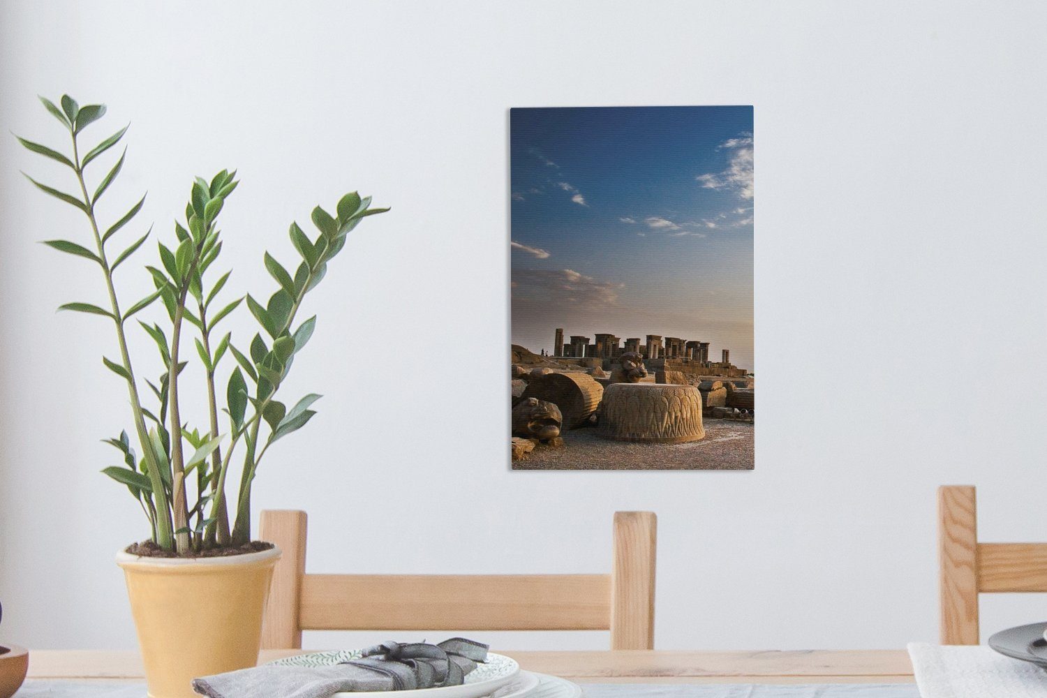 bei Leinwandbild inkl. bespannt Zackenaufhänger, iranischen Gemälde, OneMillionCanvasses® des Persepolis Leinwandbild Sonnenuntergang, fertig (1 cm St), 20x30 Ruinen