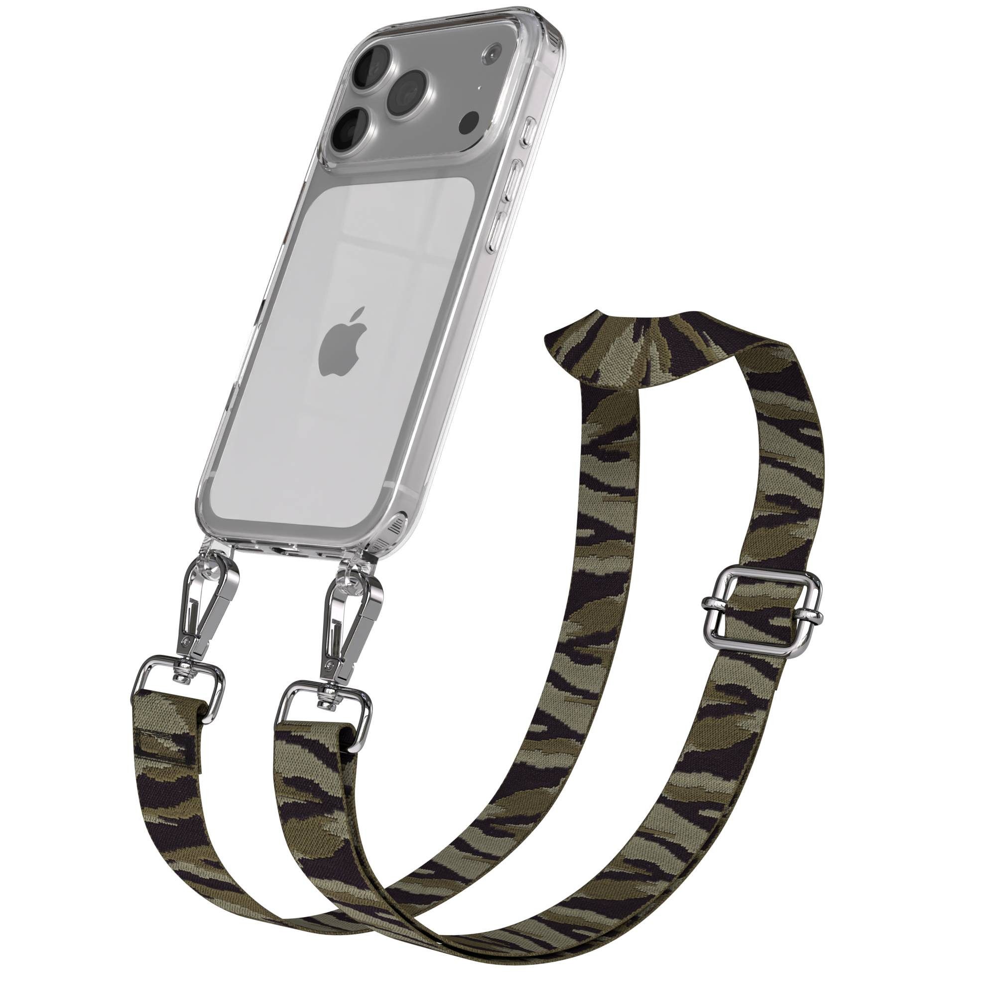 EAZY CASE Handykette Umhängeband für Apple iPhone 17 Pro 6,3 Zoll, Handyhülle mit Camouflage Kette Crossbody Funktion Grün