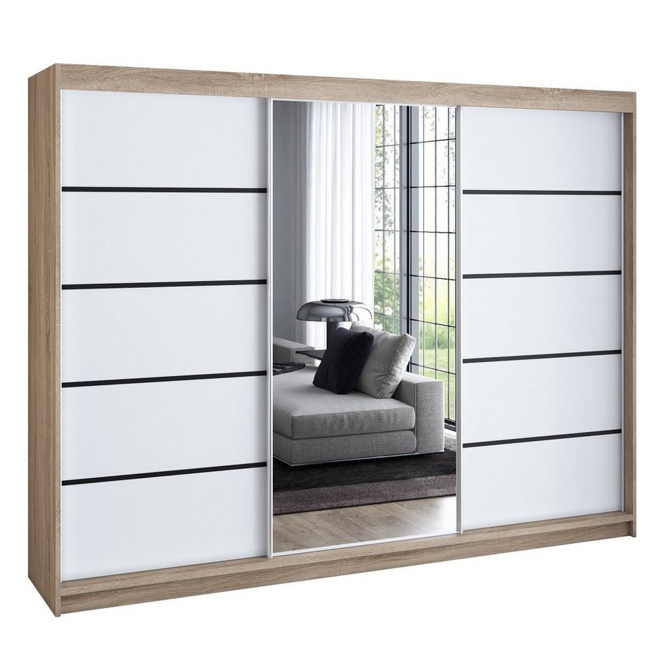 A&J MöbelLand GmbH Schiebetürenschrank VILUNO mit 4 Schubladen und Spiegel (nur für kurze Zeit! TOP ANGEBOT! Geräumiger Schrank mit einer Breite von 200 cm und Spiegel, ideal zur Aufbewahrung von Kleidung und Accessoires. 4 Schubladen und viel Stauraum. T