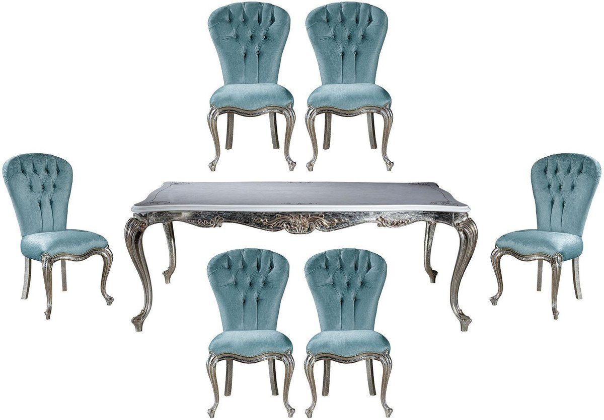 Casa Padrino Esszimmer-Set Luxus Barock Esszimmer Set Hellblau / Silber - 1 Esstisch & 6 Esszimmerstühle - Barock Esszimmer Möbel - Edel & Prunkvoll | Esszimmer-Sets