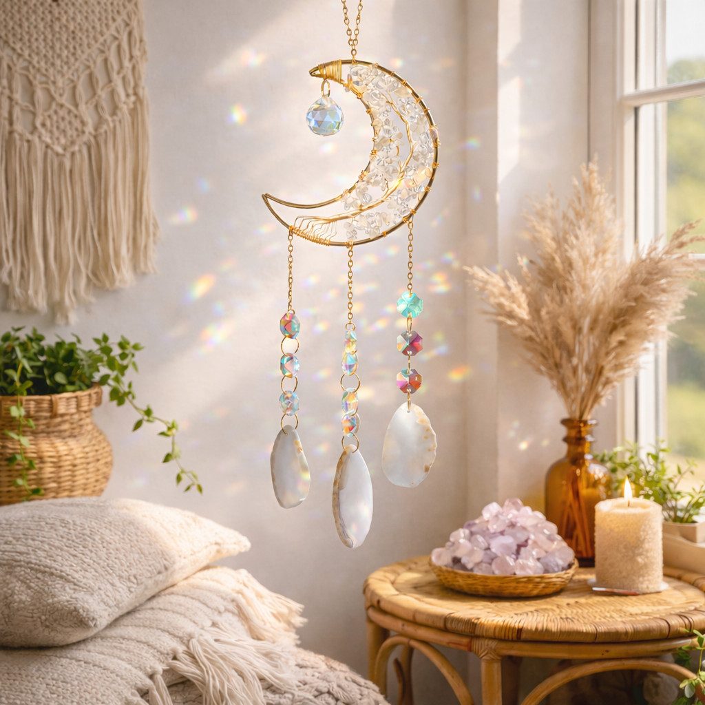 Karmandala Fensterdekoration Edelstein Sonnenfänger mit Kristall Regenbogen Lichtspiel, echte Quarz Steine, spirituelle Boho Deko
