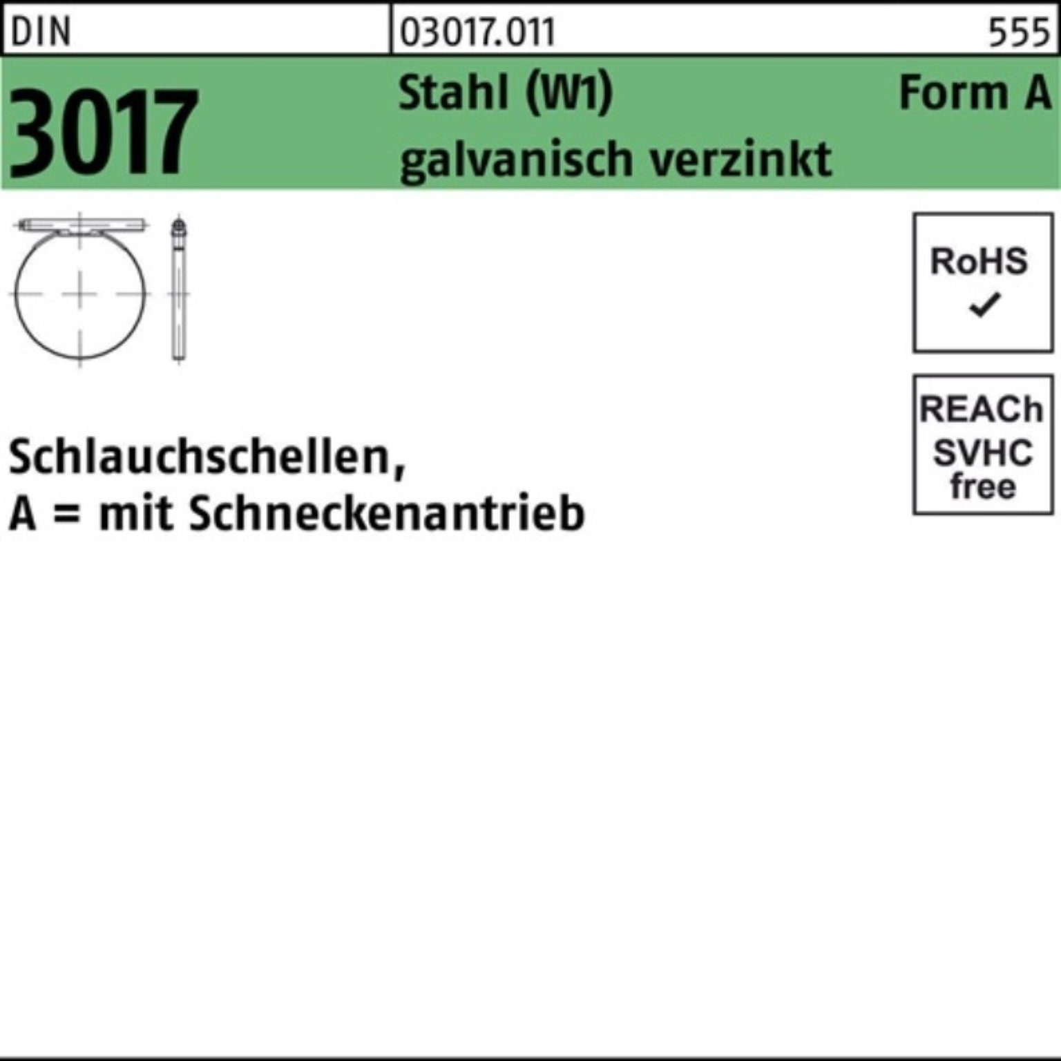 Reyher Schlauchschelle 100er Pack Schlauchschelle DIN 3017 W1 FormA 120-140/12 C7 Stahl galv.verz. 1St.DIN 3017 Stahl (W1) Form A galvanisch verzinkt Schlauchschellen · mit Schneckenantrieb - Abmessung: 120-140/12 C7 VE=S (1 Stück) Weitere technische Eigenschaften: · Typ: A · Durchmesser: