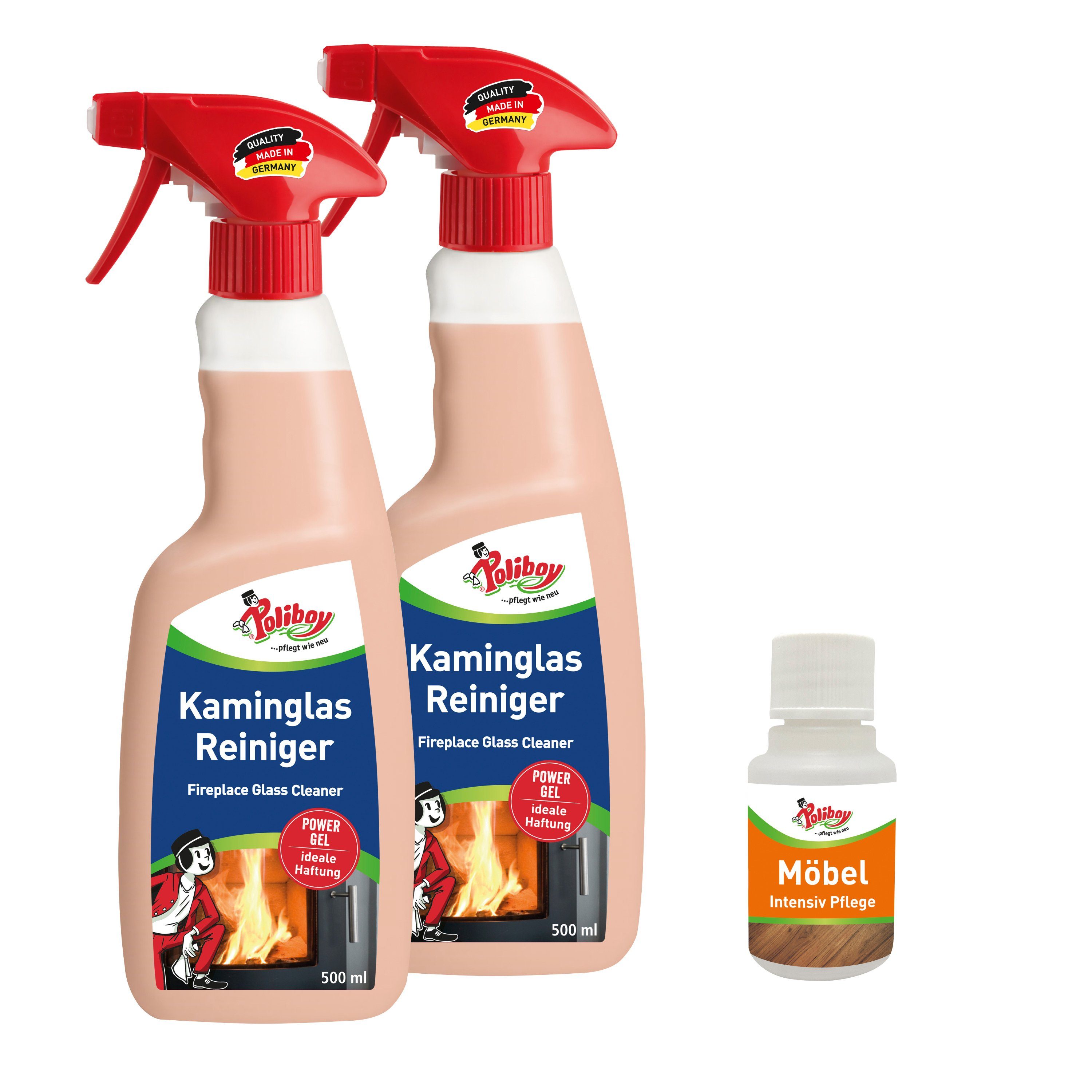 poliboy Kamin Glas Reiniger - 1 Liter - inklusive Leder Probe Glasreiniger (auch für Backöfen, Mikrowellen & Dunstabzugshauben - Made in Germany)