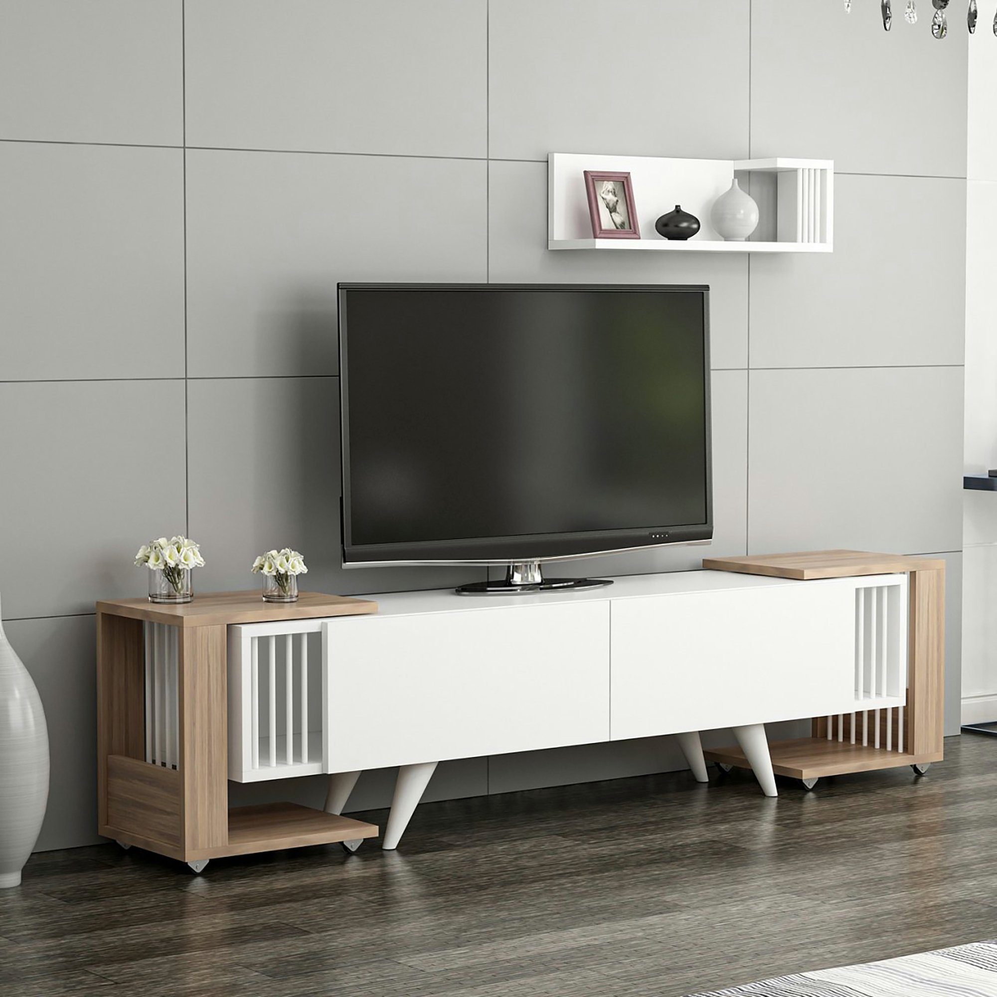 en.casa TV-Schrank Glostrup TV Board 41 x 150 x 32 cm mit 2 Beistelltischen Weiß / Eiche