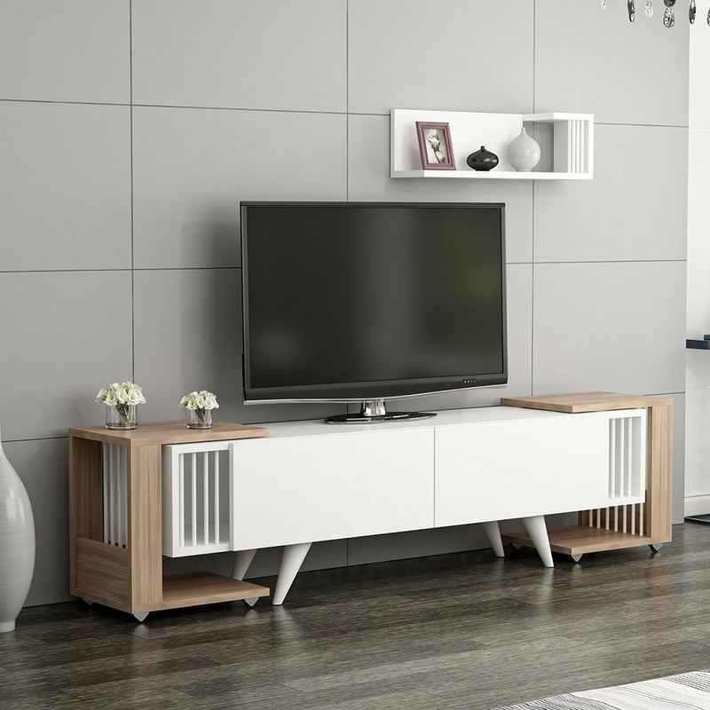 en.casa TV-Schrank »Glostrup« TV Board 41 x 150 x 32 cm Fernsehtisch mit Regal und 2 Beistelltischen Lowboard mit Stauraum Eiche-Optik Weiß