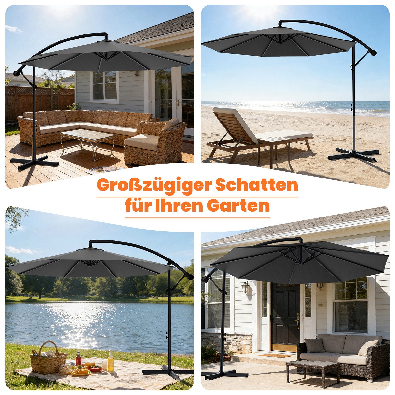 Huracan Sonnenschirm LED Solar Ø 250/300/350cm Ampelschirm mit Kurbel, Ständer, Gartenschirm Balkonschirm UV-Schutz Aluminium wasserdicht 360°neigbar