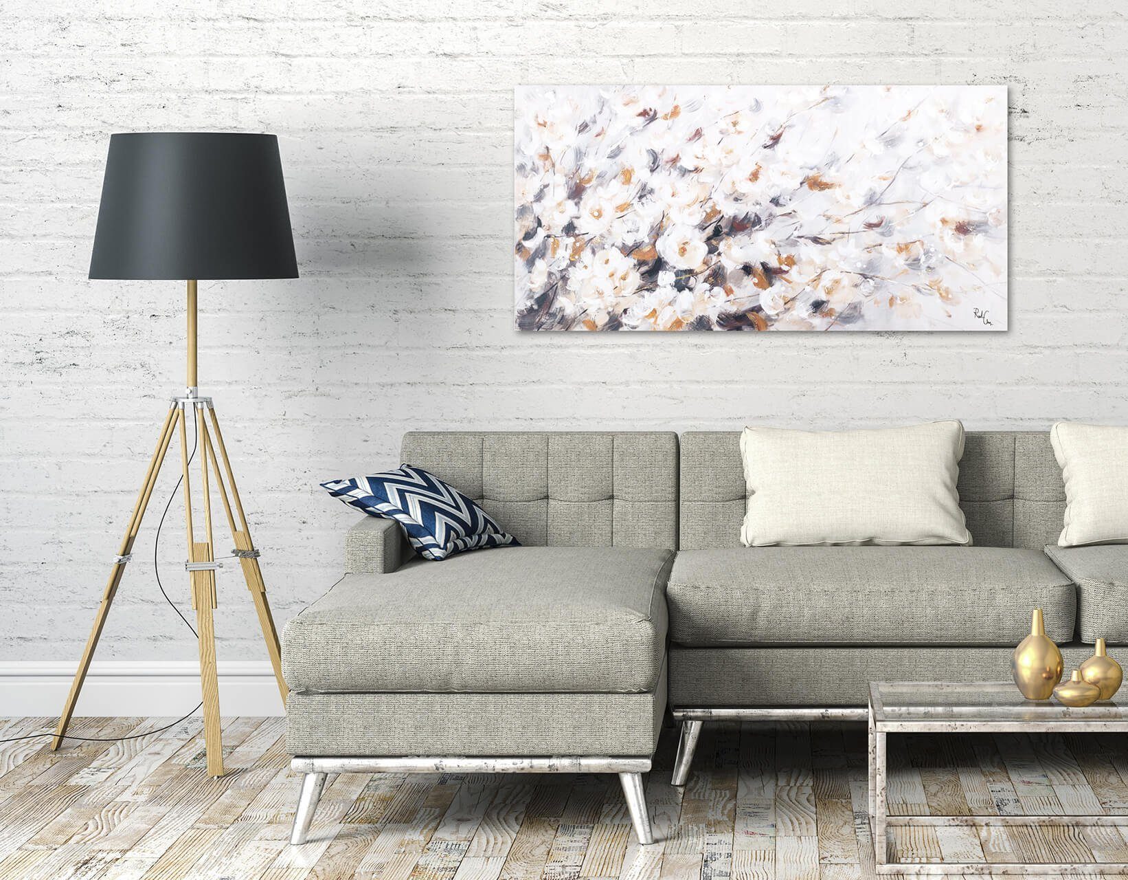 120x60 Goldenes Wandbild Blühen Gemälde Leinwandbild cm, HANDGEMALT 100% KUNSTLOFT Wohnzimmer