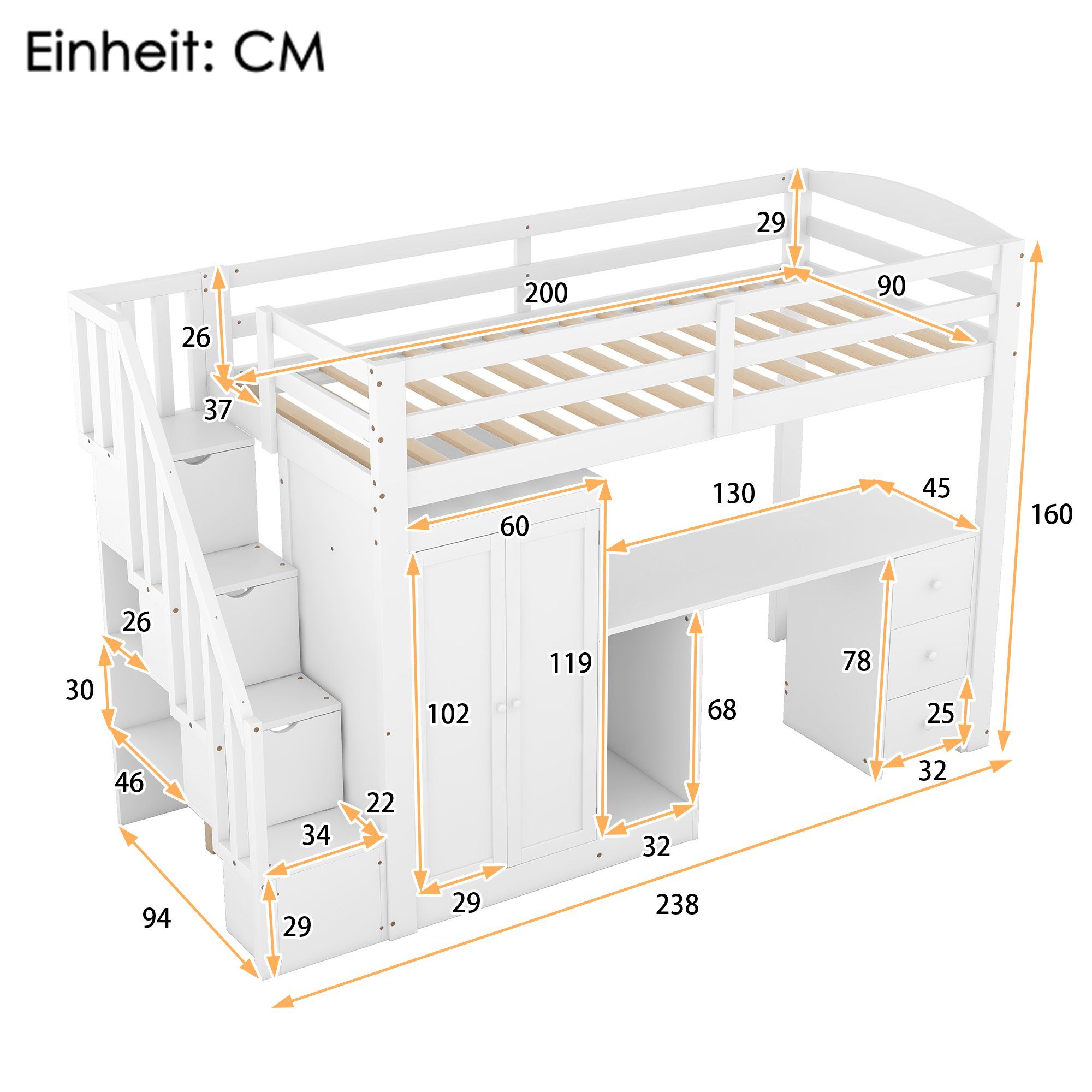 Rausfallschutz 90x200cm Kinderbett Hochbett Lattenrost und Kleiderschrank, Schubladen, Merax mit Schreibtisch mit und