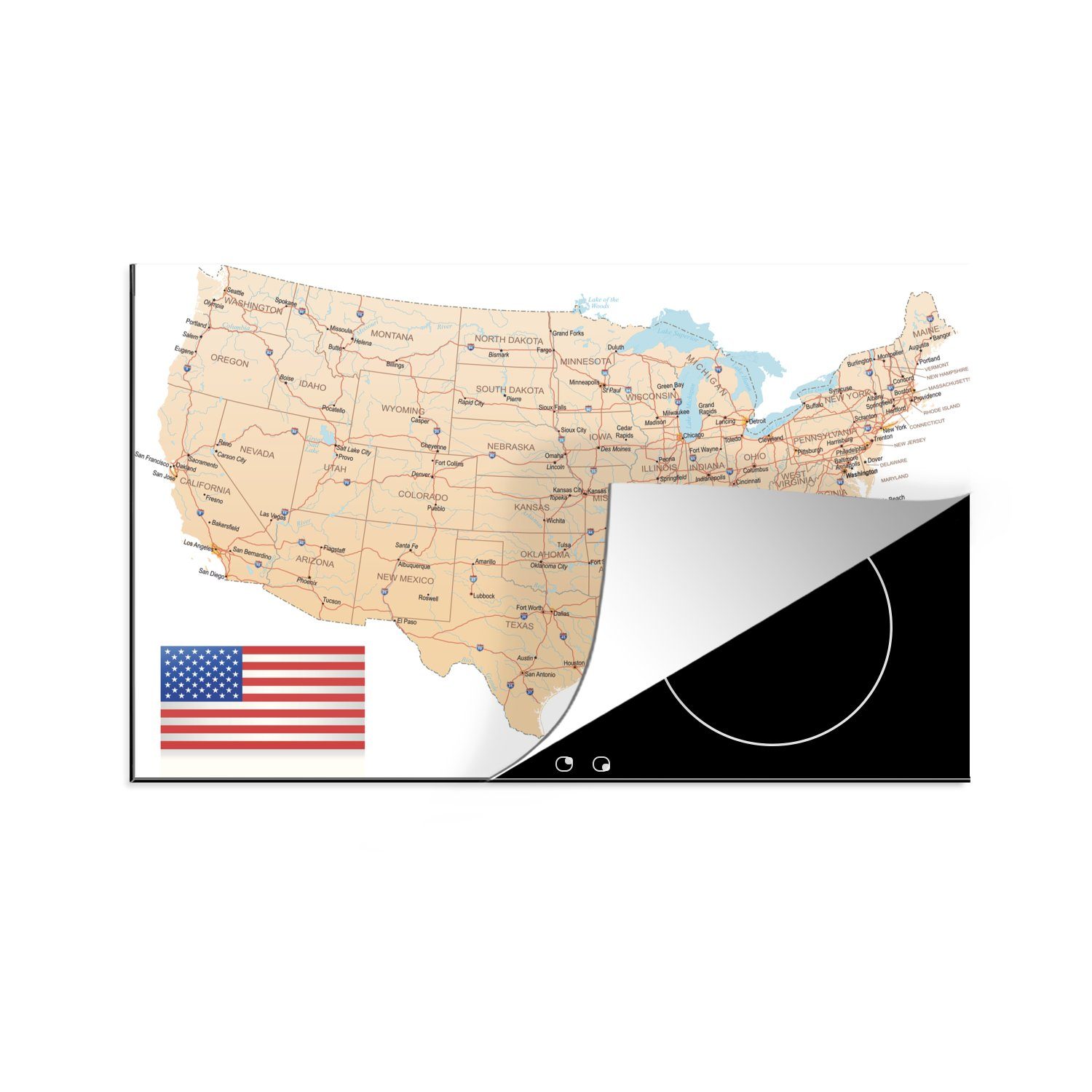 MuchoWow Herdblende-/Abdeckplatte Detaillierte Karte von Amerika, Vinyl, (1 tlg), 81x52 cm, Induktionskochfeld Schutz für die küche, Ceranfeldabdeckung