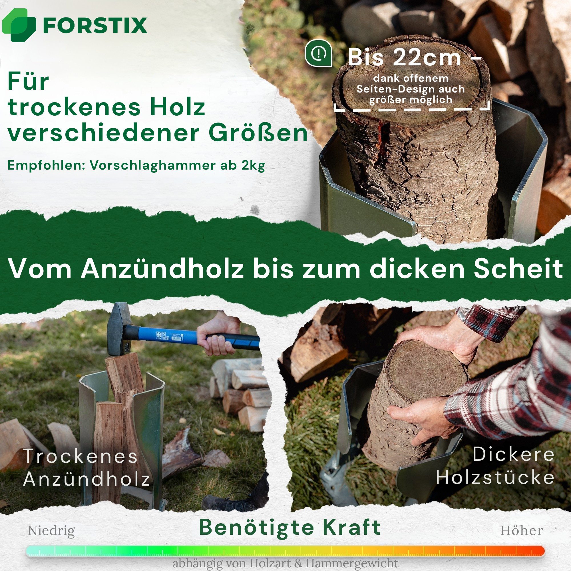 FORSTIX® Holzspalter manuell [stehend] mechanischer Brenn- & Anzündholzspalter, Spaltgutdurchmesser bis 22 cm, (Einzelartikel), Kaltverzinkter Stahl, Höhe: 45cm – Bild 4 von 5