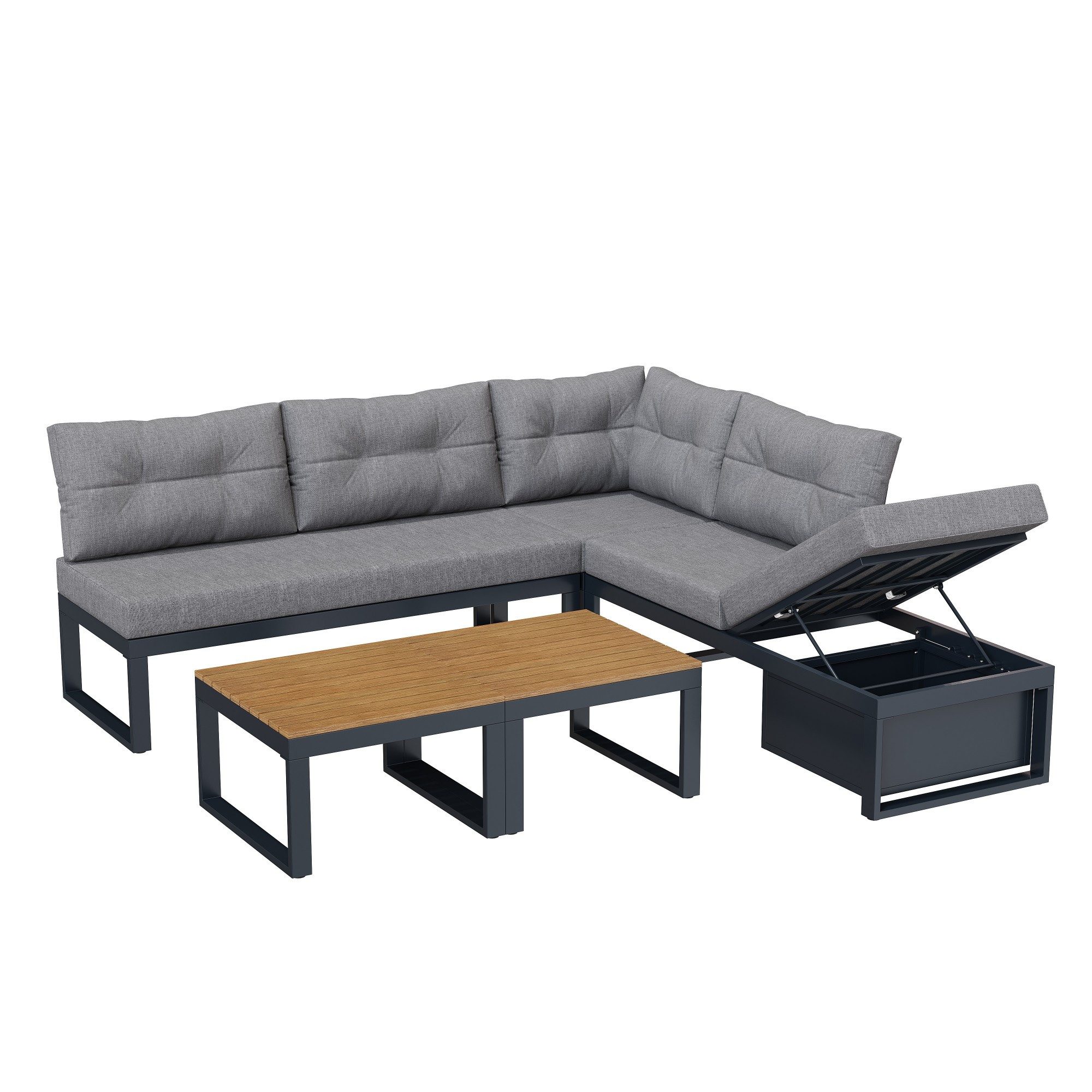 LVHOM Gartenlounge-Set kombinierbar L-/U-Form Gartenmöbel Set, XXL Metall Ecksofa, gepolstert, (1xSessel, 2x2er-Sofa(1x mit Stauraum/3-stufiger Liegefunktion), 2xTische(auch als Sitz/Hocker nutzbar), 5-tlg., Impragnierter Holz -Tischplatte, rostfrei, UV-beständig, wasserdicht), In-/Outdoor, Garten/ Wohnzimmer/ Terrassen/Pool, Hotellobbys/Ruhezonen