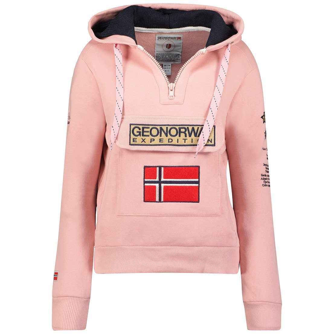 Geo Norway Kapuzenpullover Damen Slim Fit Hoodie bagymclass lady Powder Pink S mit Norwegen Fahne als Emblem